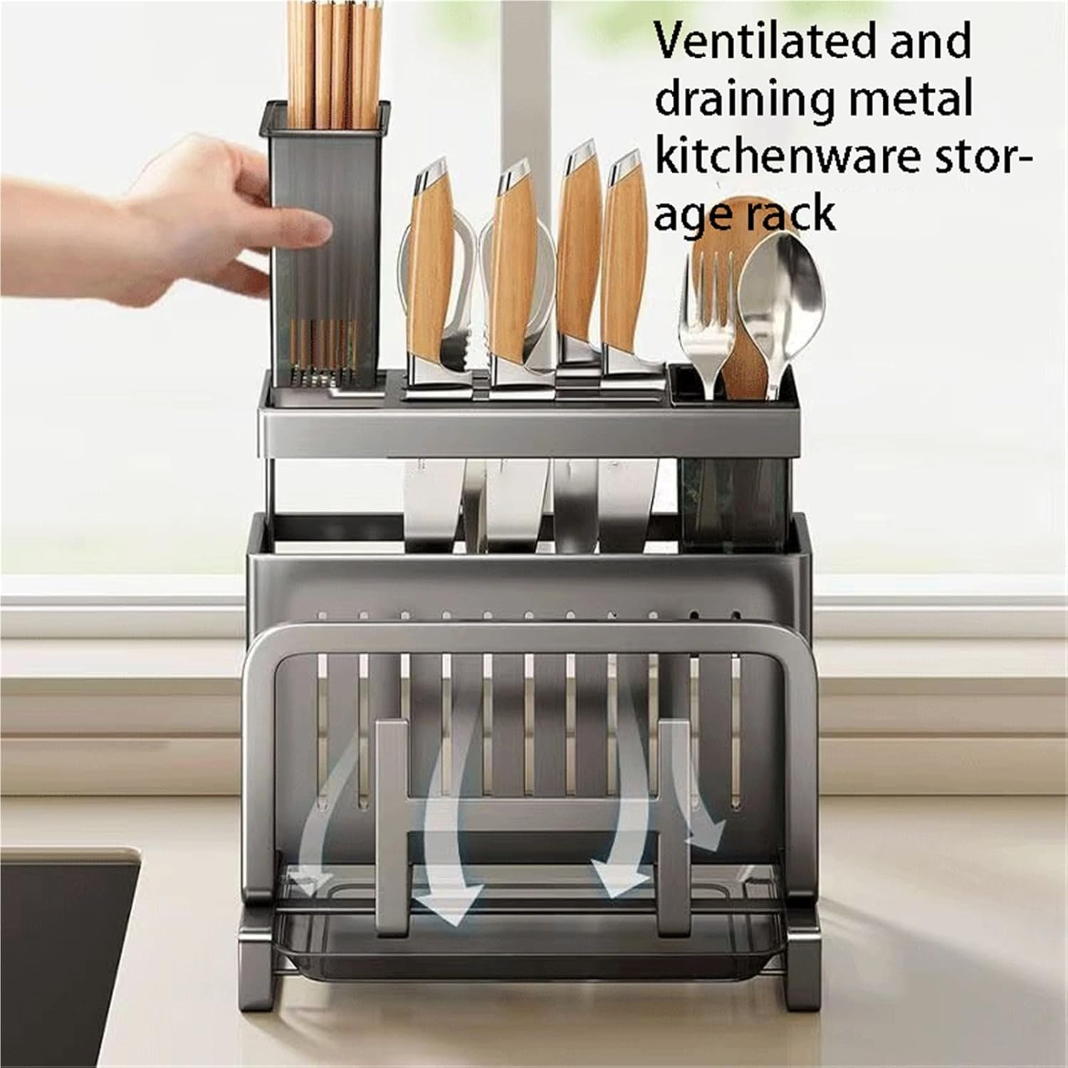 No-drill kitchen cutting board rack and draining rack - thickened stainless steel storage organizer; multi-functional, can hold cutting boards, chopsticks, and pot lids(Gray1)