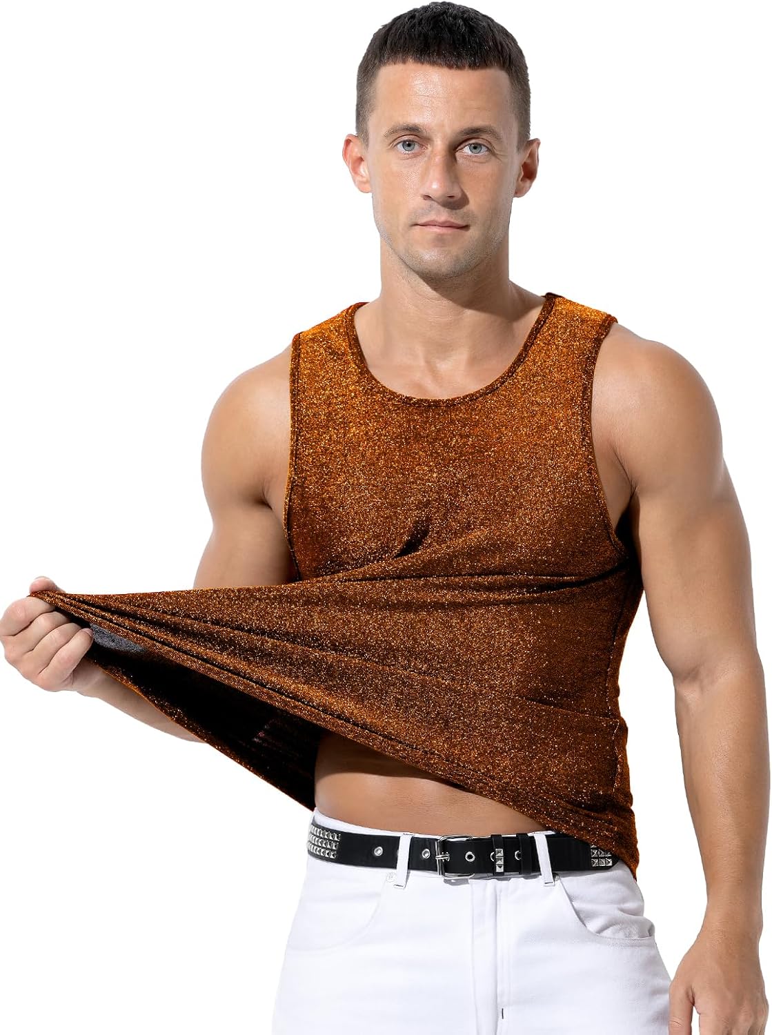 Casey Kevin Men's Glitter Tank Top Rave Gold Hipster Sequin Sleeveless Shirt Sparkly Disco Vest - Image 6