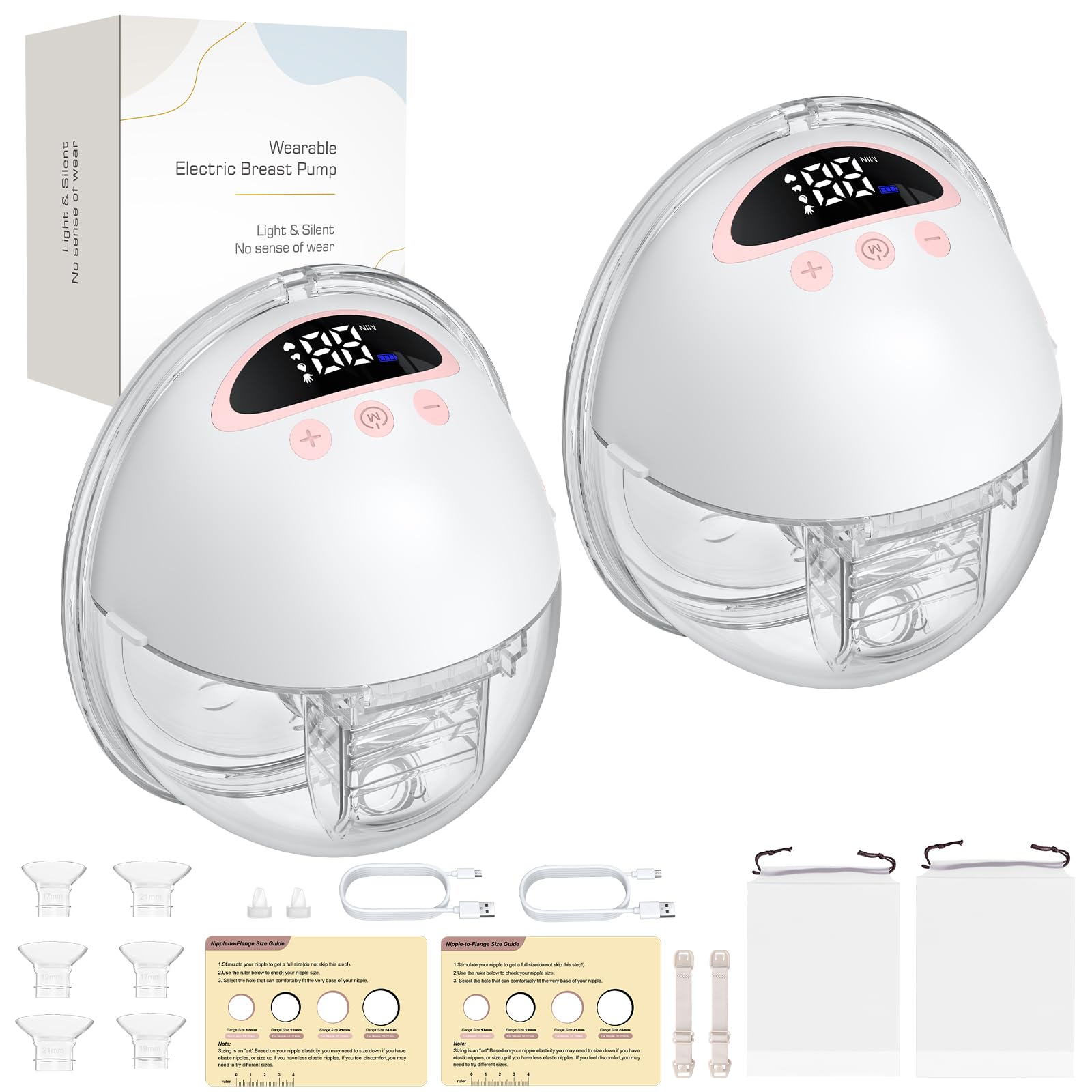 FUNYKICH Milchpumpe Elektrisch Handsfree, Tragbare Milchpumpe 223g Ultra-Leise 4 Modi & 12 Stufen mit 17/19/21/24mm Flansch, BPA Frei, 300mmHg Absaugung, wiederaufladbar Auslaufsiche Milchpumpen(2PCS)