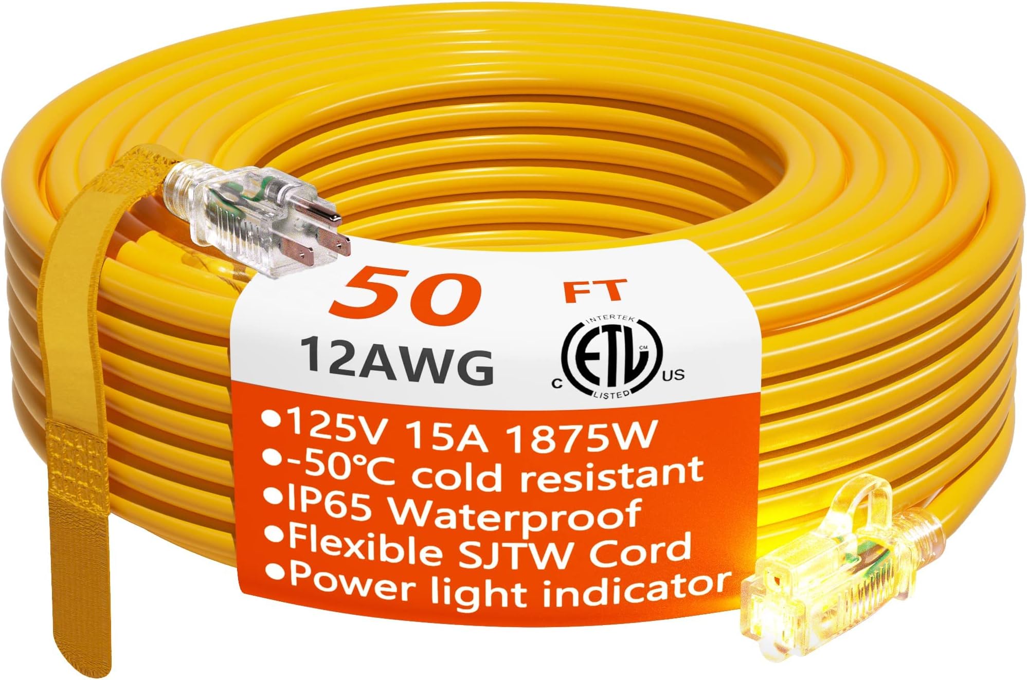 EP 50 Ft Outdoor Extension Cord with Lighted End, 12/3 Gauge SJTW Heavy Duty