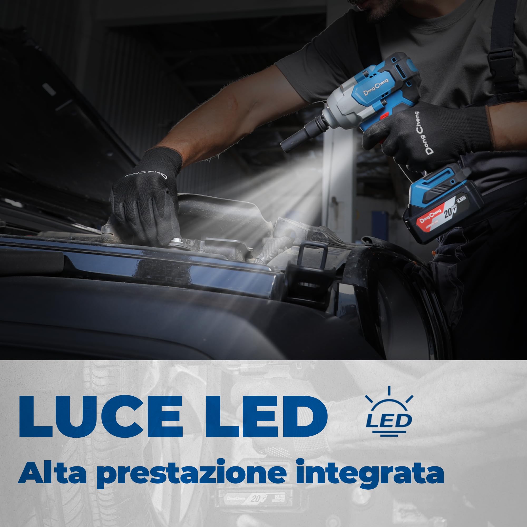 Chiave a impatto senza spazzole Dong Cheng 20V, coppia elevata 698Nm, 4 modalità, chiave a impatto senza fili 1/2 pollice con scatola di immagazzinaggio, include 2 batterie 4,0 Ah e caricabatterie