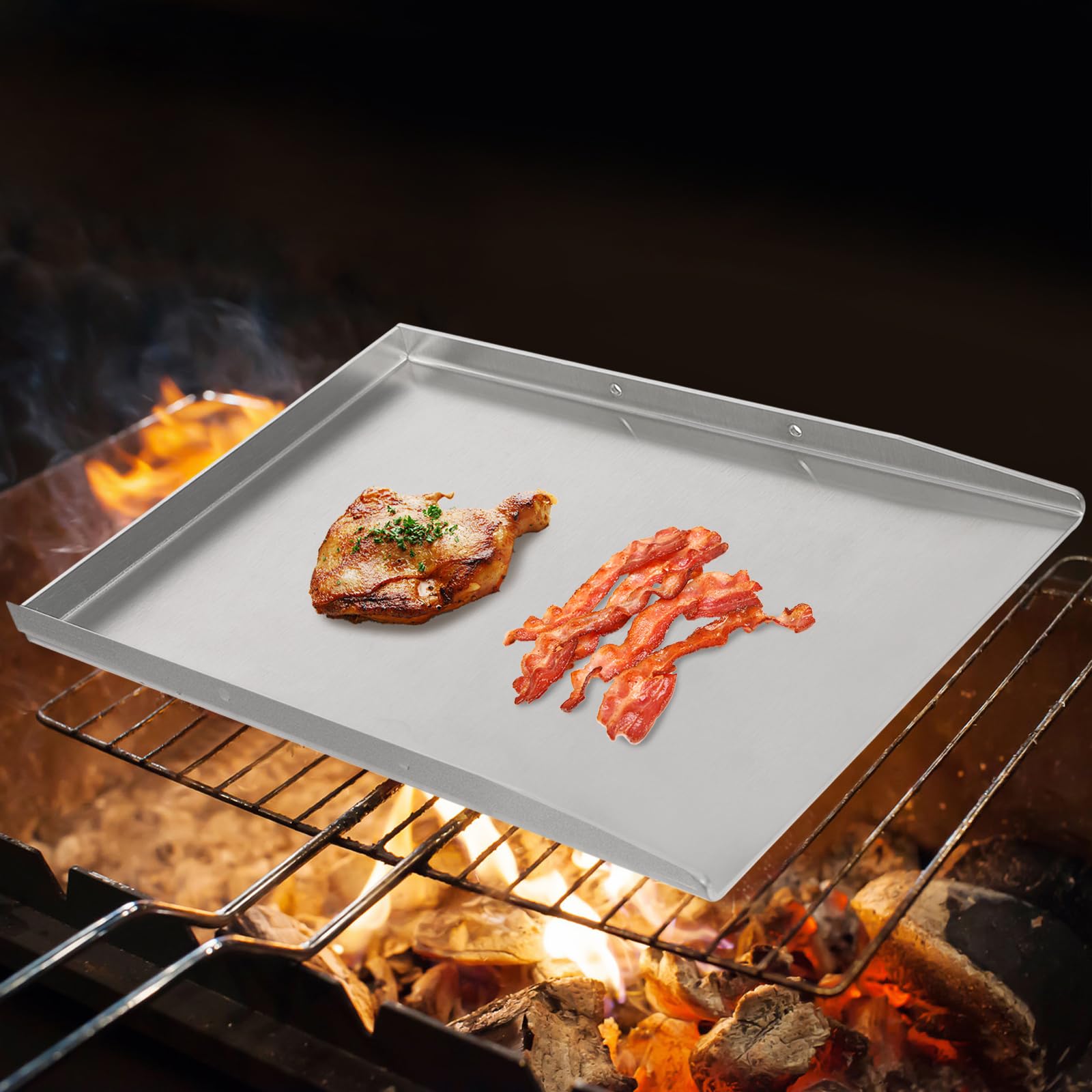 Plancha de acero inoxidable para barbacoa de gas y camping con asas para carne, pescado y verduras (plata, 45 x 30 cm)
