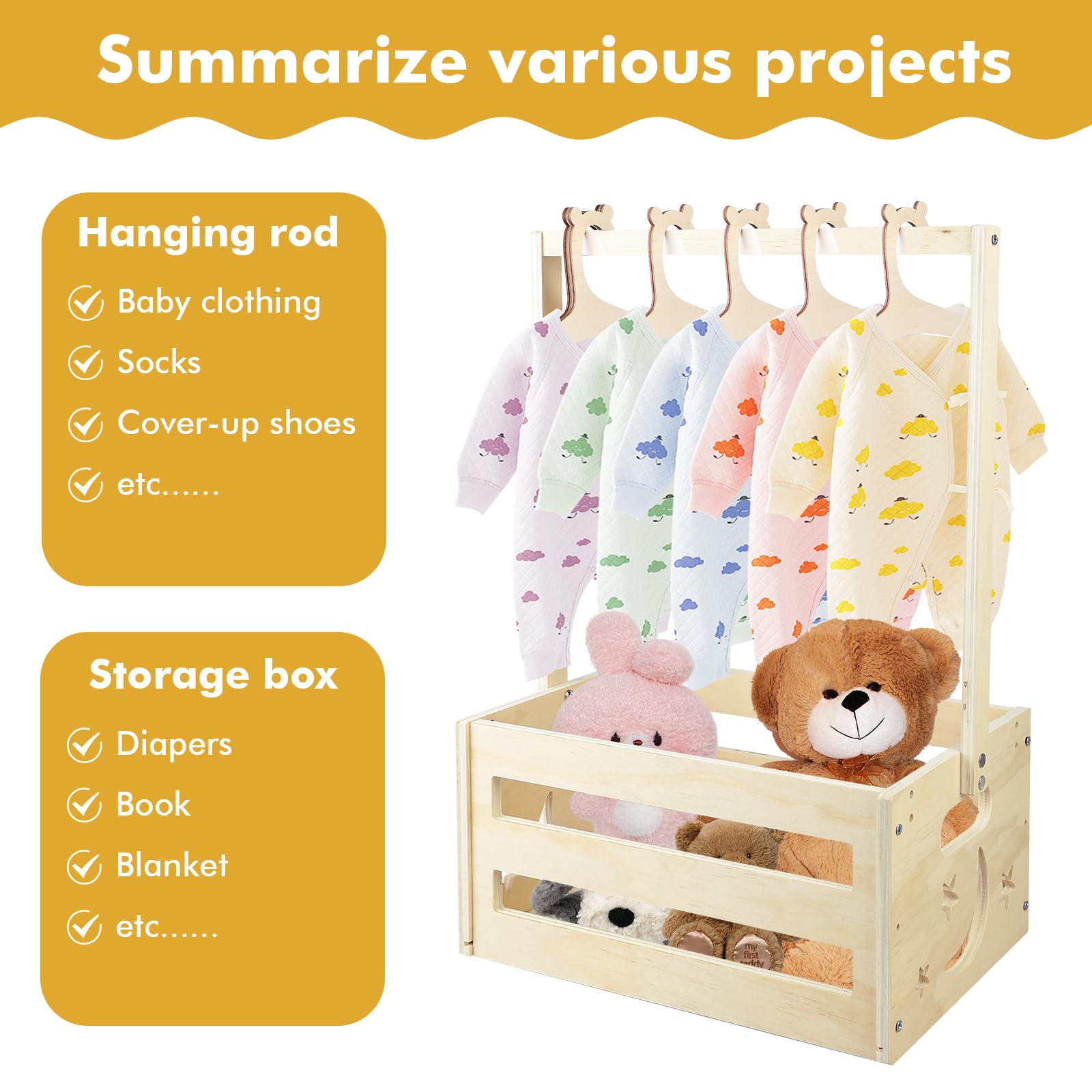 PRITOK Baby Shower Crate Closet Wooden Baby Basket with Handle, Storage Crate Hamper with 5 Hangers - Image 4
