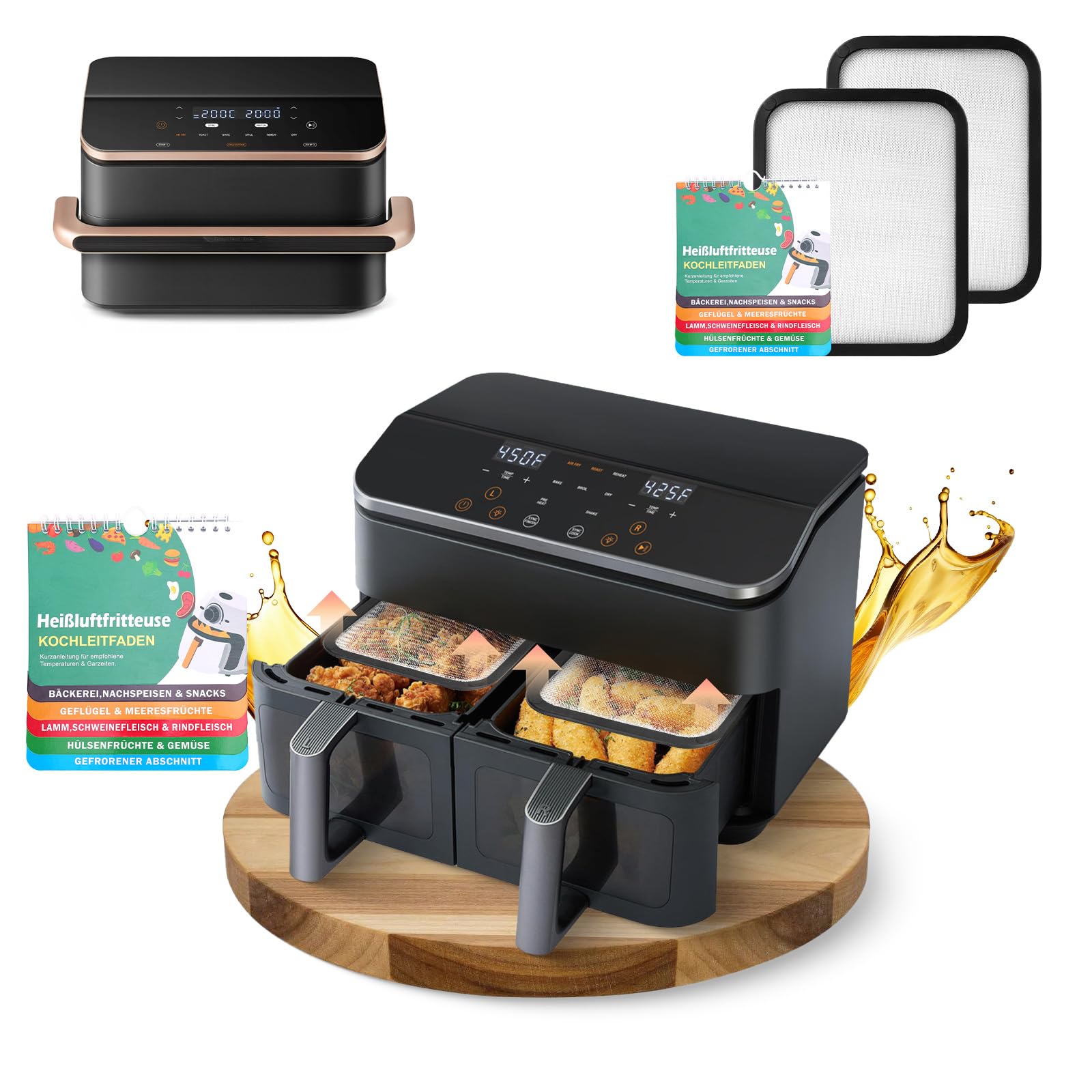 2 Stück Magnetisch Spritzschutz für Cosori Heißluftfritteuse 2 Kammern Dual Zone 8,5L/Dual Blaze TwinFry 10L,Airfryer Zubehör mit Silikon Außen für COSORI CAF-R901-AEU&TF101S mit 133 Rezepten GADITIEK