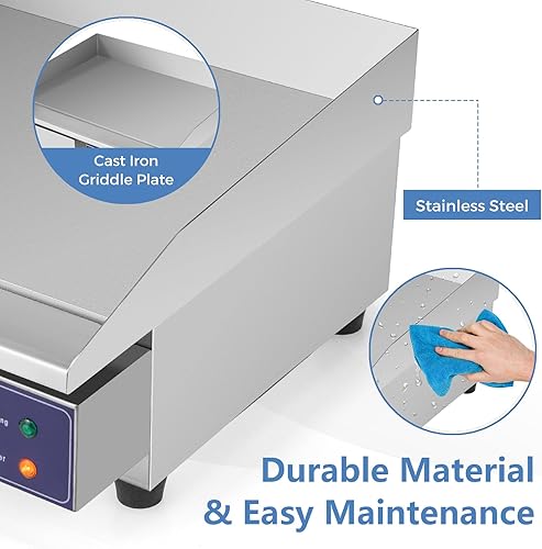 Miniatura 7 de KOTEK Plancha eléctrica comercial, 2000 W 22 pulgadas, marco de acero inoxidable y bandeja de goteo, control de temperatura ajustable de 122 a 572