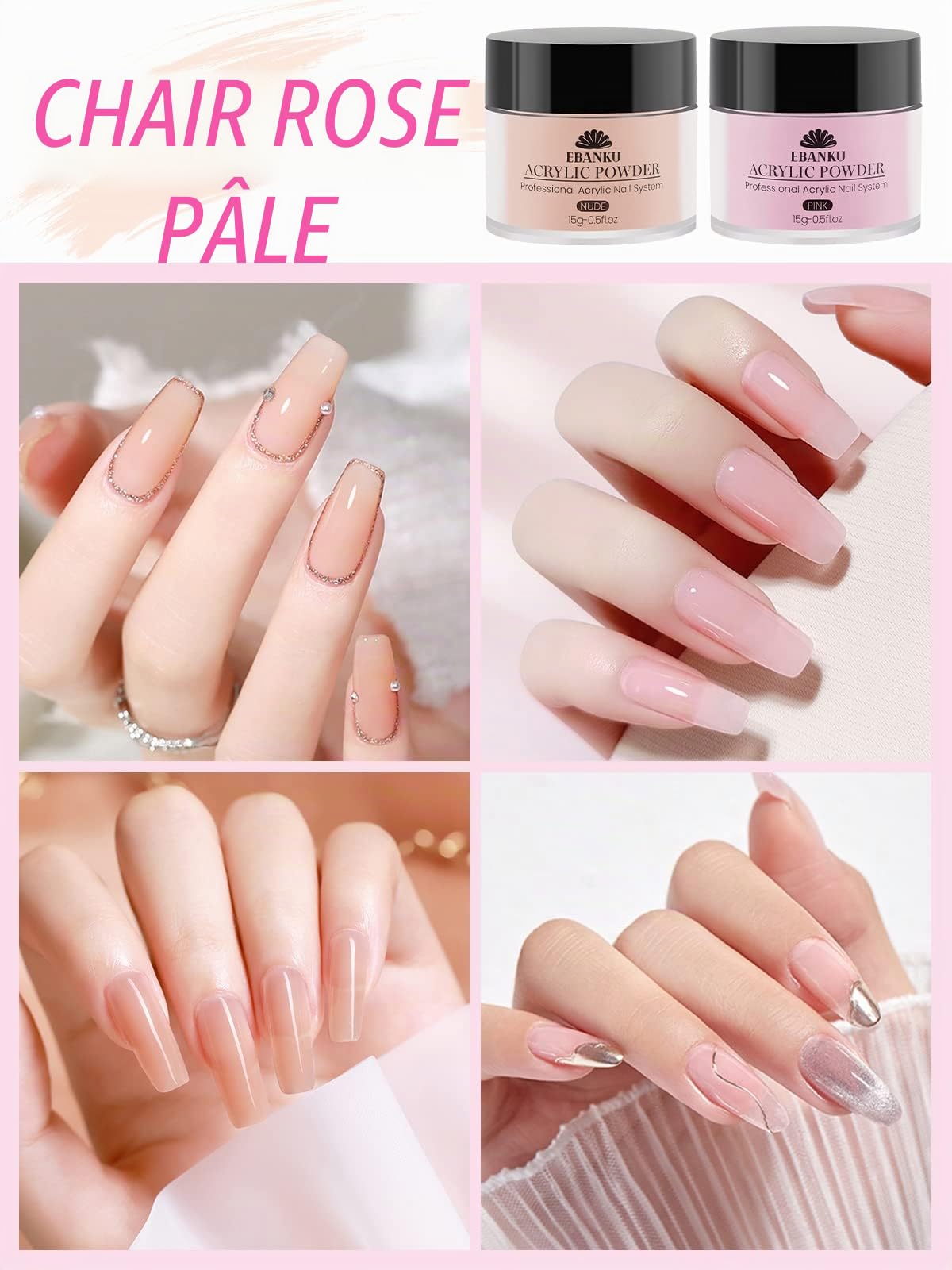 EBANKU Ensemble de Poudre Acrylique Professionnelle - 4 Couleurs pour Extension et Sculpture des Ongles - Longue Durée