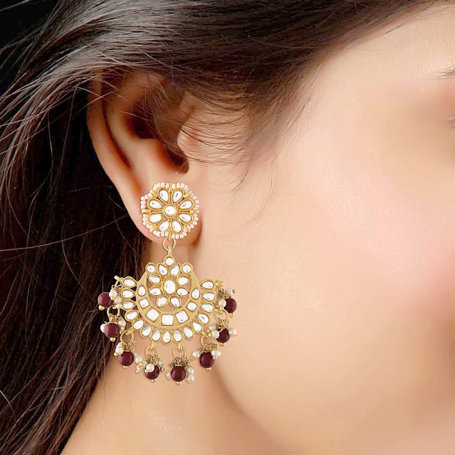 I Jewels Gold Plated Indian Wedding Bollywood Matt Finish Chandbali Earrings Handcrafted Kundan & Pearl (E2911-1)