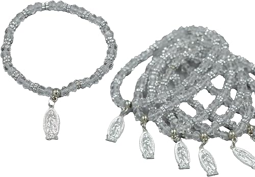 MTT Pulsera de Rosario de Guadalupe de cristal de plata con bolsas de organza, recuerdo de bautizo, recuerdo de bautizo, quinceañera, baby shower,