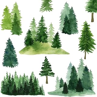 Watercolor Pine Tree Wall Decals Green Tree Wall Sticker Small Tree Wall Decals Nature Woodland Forest Tree Wall Stickers for Nursery Bedroom Living Room Decor