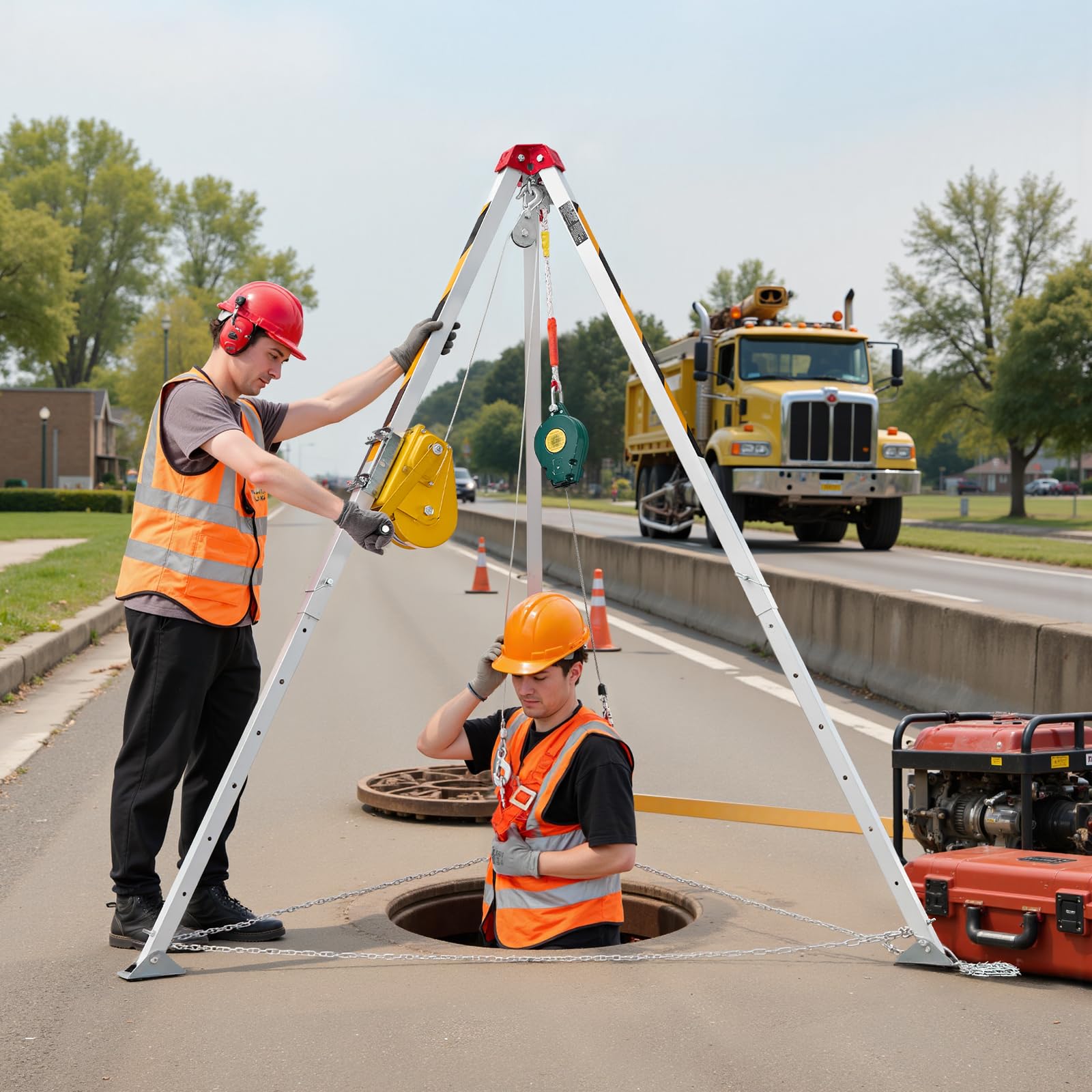 VEVOR Kit de Trípode de Rescate para Espacios Confinados, con Cabrestante 1179 kg, Patas Ajustables de 1,45 m, Cable de 30 m, Protección Anticaídas de 10 m, Altura de Trabajo de 1,6 a 2,45 m