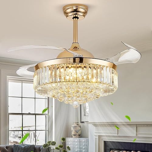 Ventiladores de techo de 42 pulgadas con luz, ventilador de techo de araña, ventilador de techo retráctil de cristal para dormitorio, sala de estar,