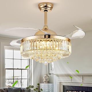 42'' Fandelier Ceiling Fan with Light, Retractable Fan, Gold
