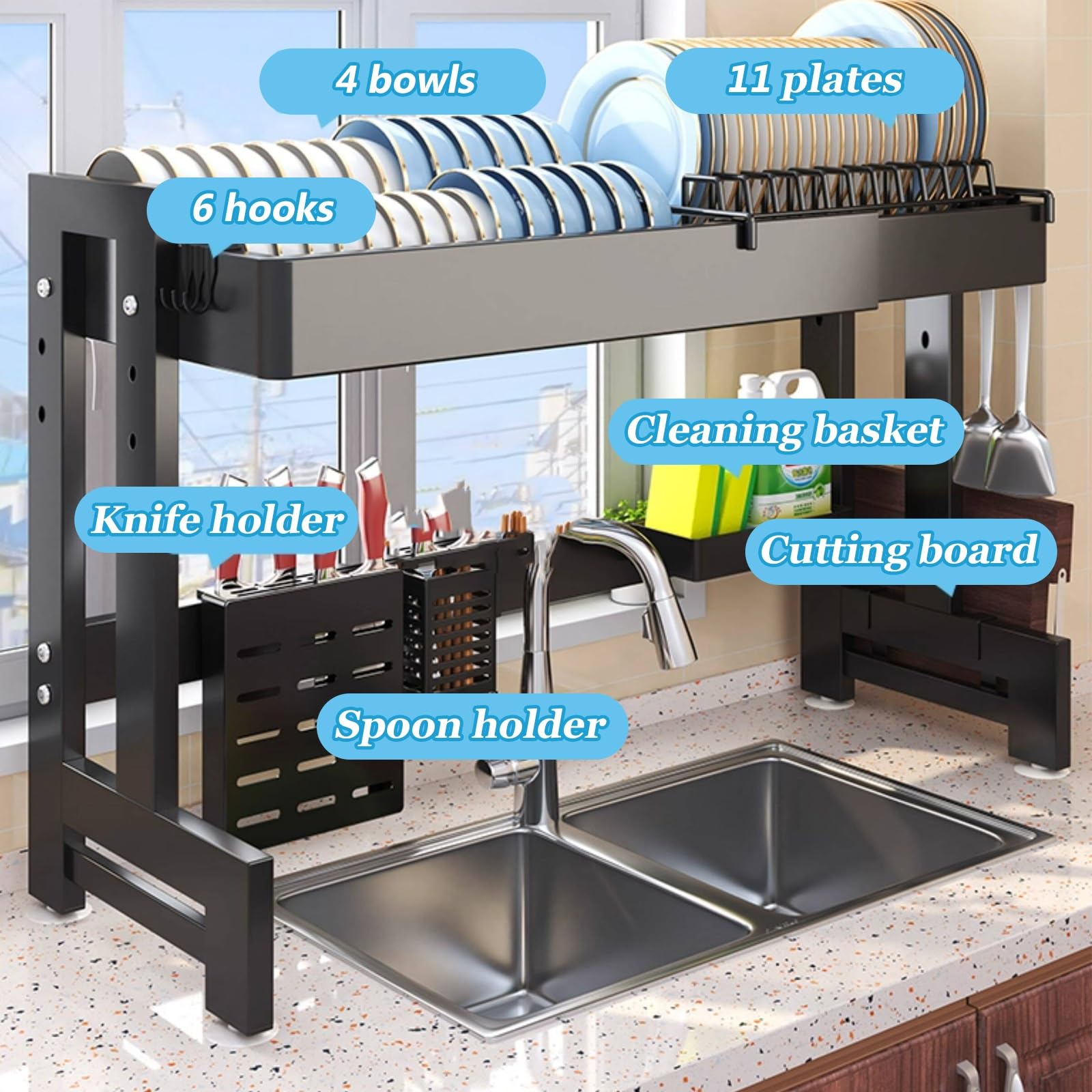 Scolapiatti regolabile antiruggine da mettere sopra il lavello, organizer salvaspazio da cucina per piatti, tazze, ideale per cucine compatte, design resistente
