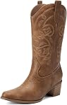 DREAM PAIRS Women's Cowboy Boots Embroidery Western Cowgirl Boots V Cut Chunky Heel Mid Calf Boots Vintage Fashion Stitched Boots for Music Festivals
