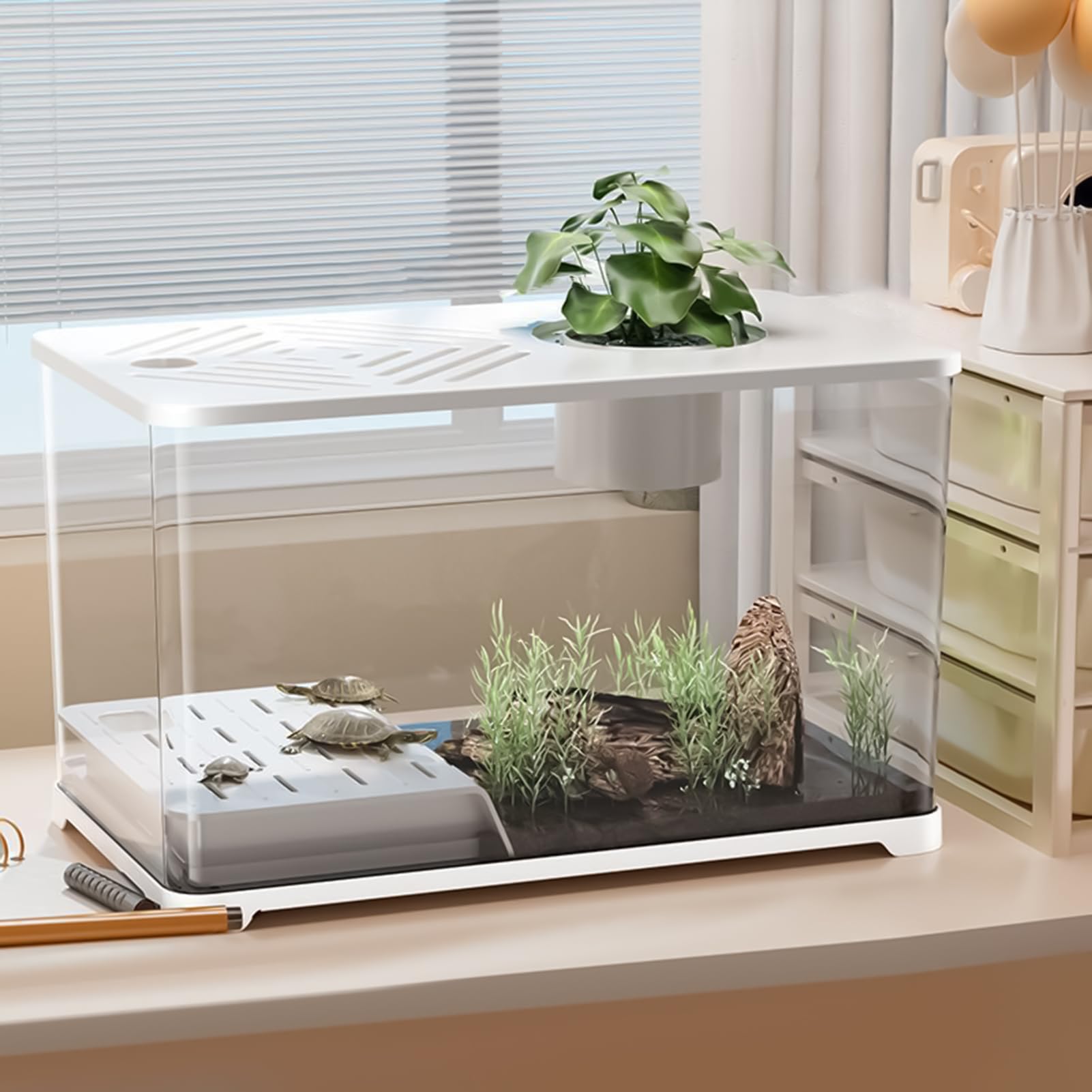 Big Fish Tank - Kits de iniciación de acuario, contenedor moderno de descanso de tortugas, tanques elegantes para plantar camarones betta, decoración del hogar, accesorios de mesa de escritorio
