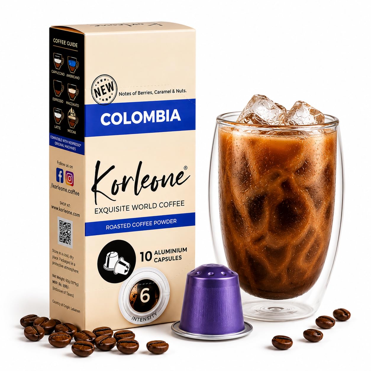 KORLEONE Colombia Aluminium Coffee Capsules 10 Pods (Pack Of 1), Single Origin Intensity 6 Medium Roast Level Compatible With Nesspreso Original Machine,110 Grams-image-36