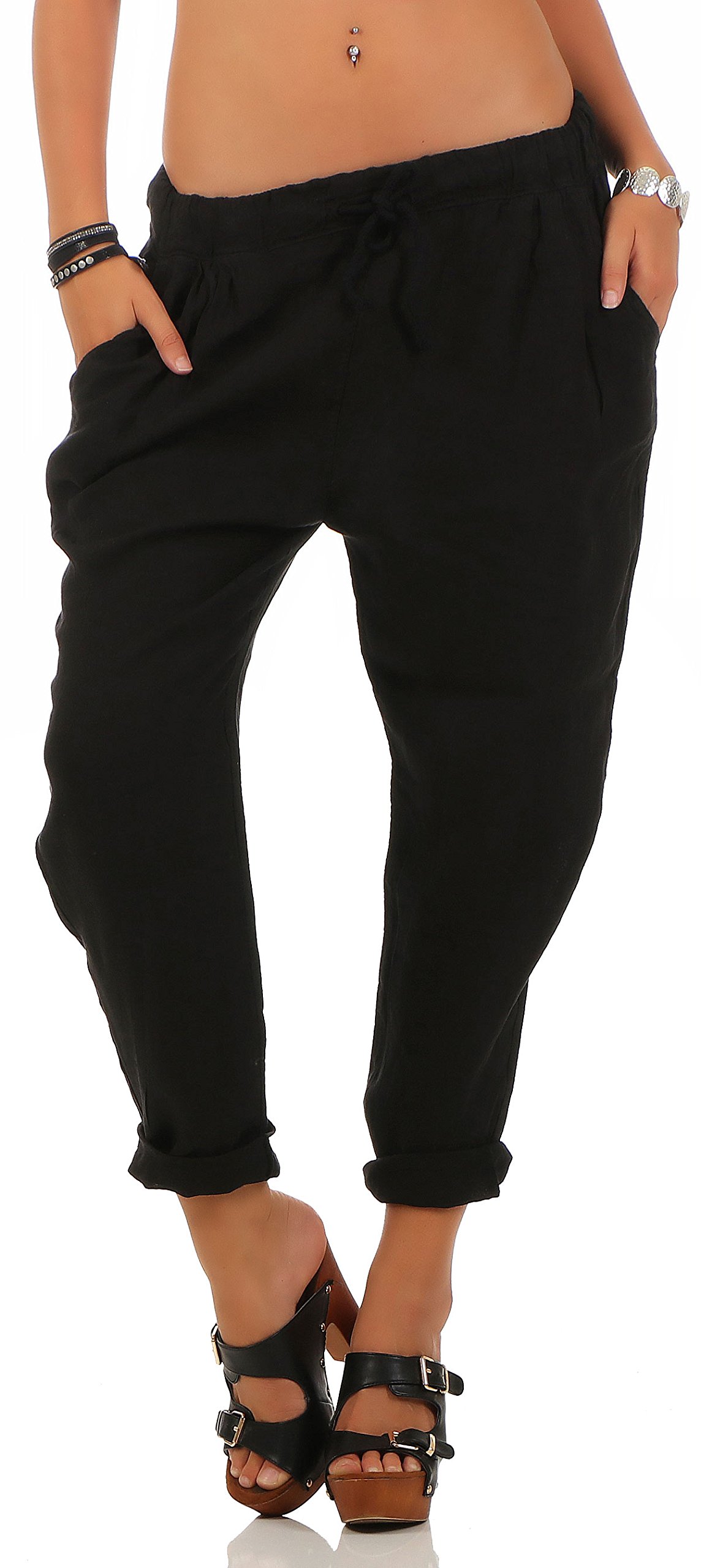 Malito Ocio Pantalones de Lino con Cintura Elástica 6816 Mujer