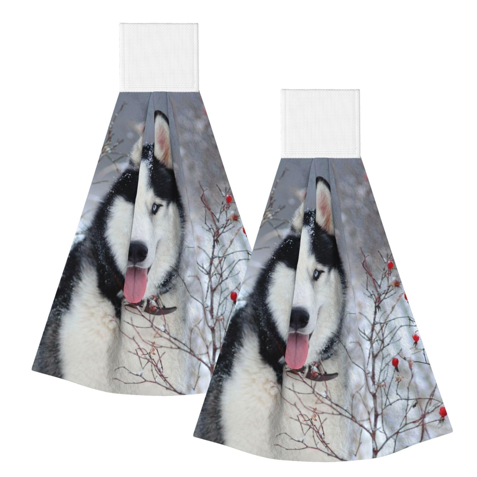 DOPKLNA Husky In Winter, 2 Pcs Hanging Coral Fiber Hand Towels for Bathroom, Absorbent Kitchen Towels