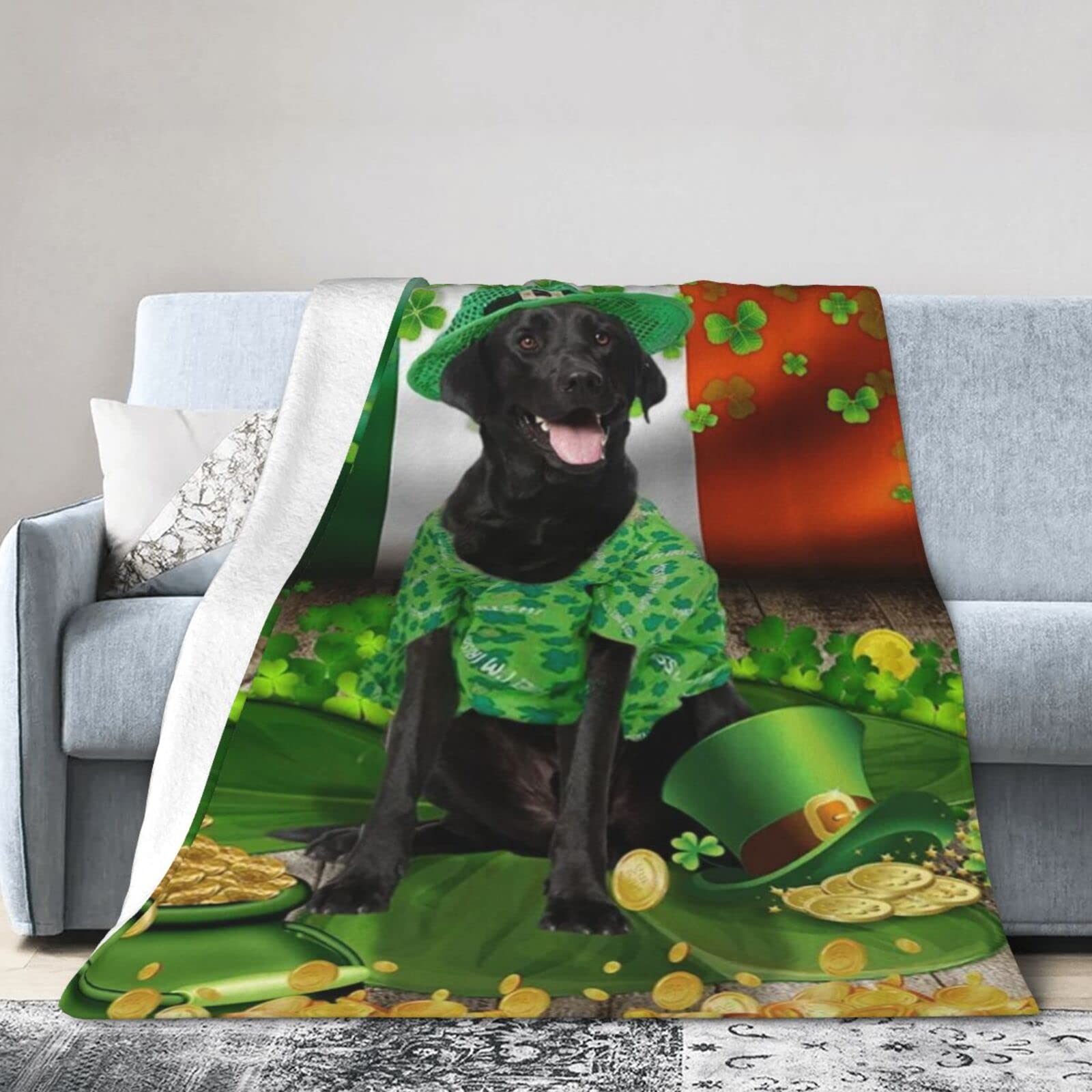 Lsjuee Flannel Fleece Blanket 50"X40" Black Labrador St. Patrick‘s Day Sofa Throw Blanket Lightweight Ultra-Soft Travel Spring Blankets for Boys Keep Warm