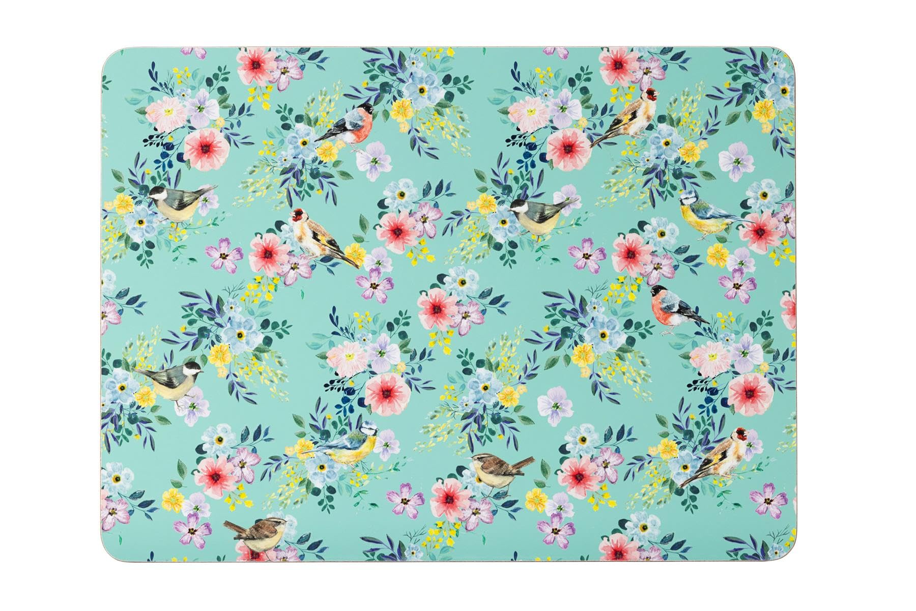 Maison & White Multicolor Cork Backed Placemats With Birds And Floral Design, Turquoise Background, Set Of 4