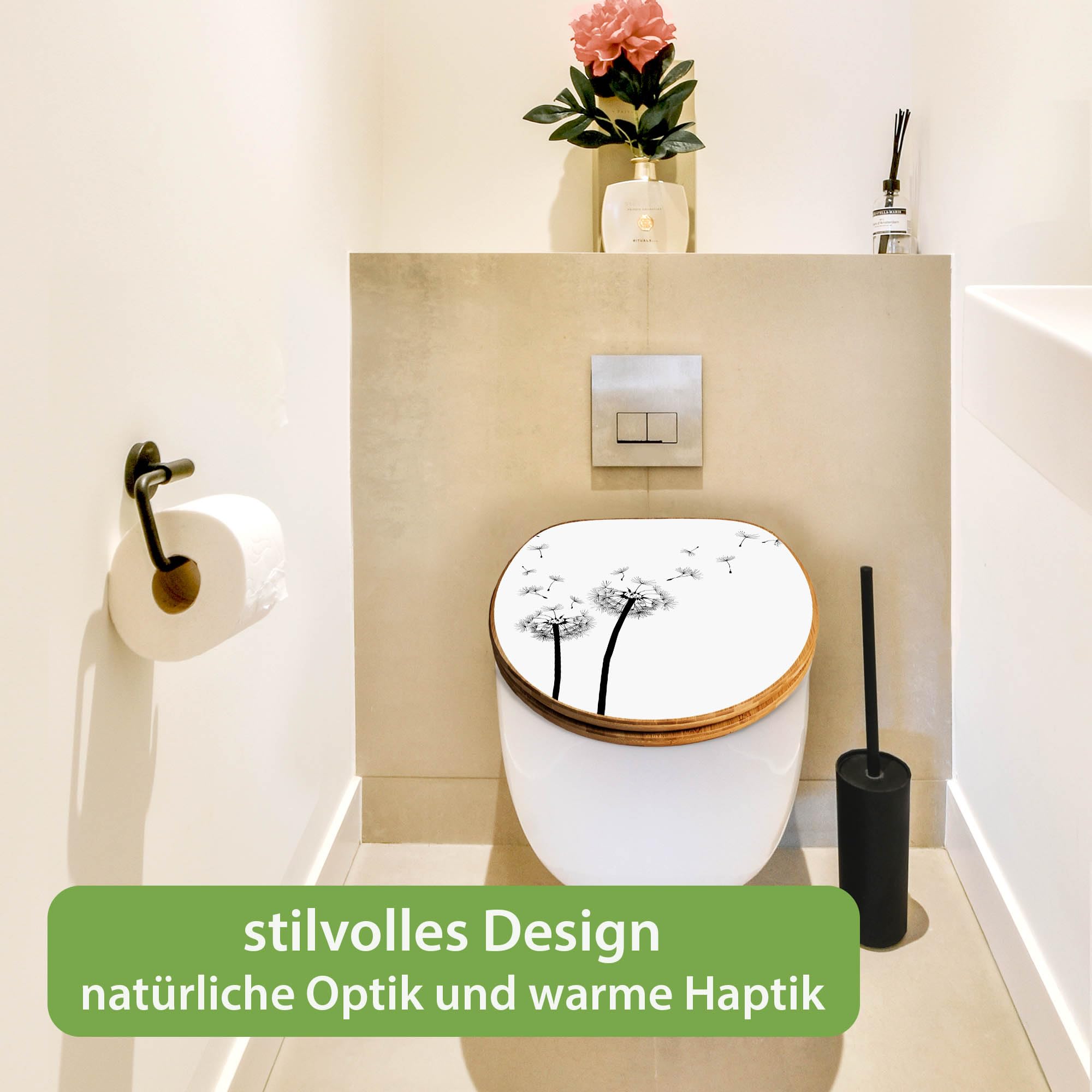 banjado Design WC Sitz Bambus Absenkautomatik 45,8x37,5cm - Toilettendeckel mit Absenkautomatik Holz - hochwertiger Bambus Klodeckel - WC-Sitz für gängigen Toiletten - Motiv Pusteblume 2
