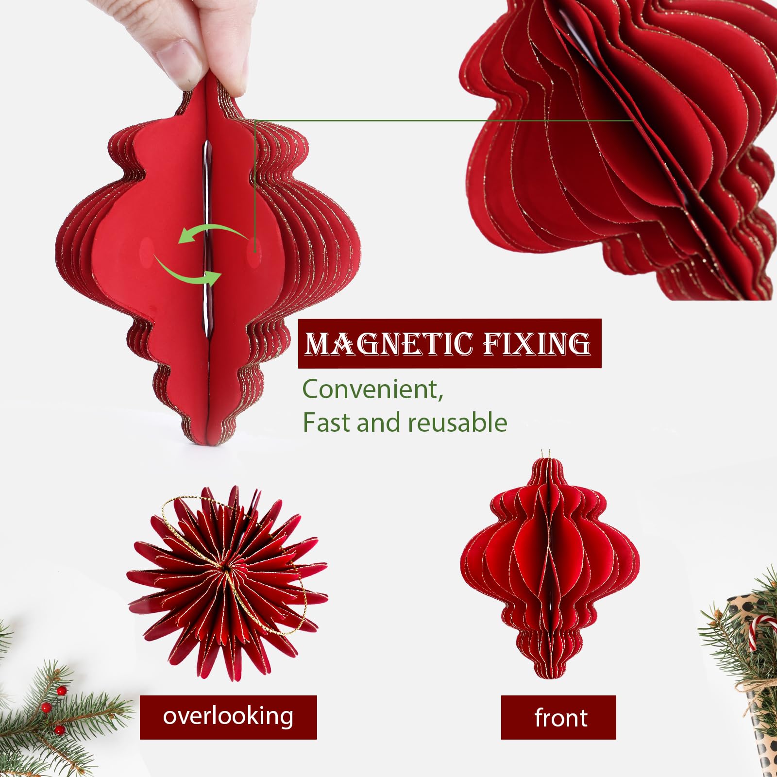 6 Boules De Noël En Papier Nid D'abeille Rouge Et Or - 10 Cm, Avec Aimants, Pour Sapin, Fenêtre, Décoration - 12