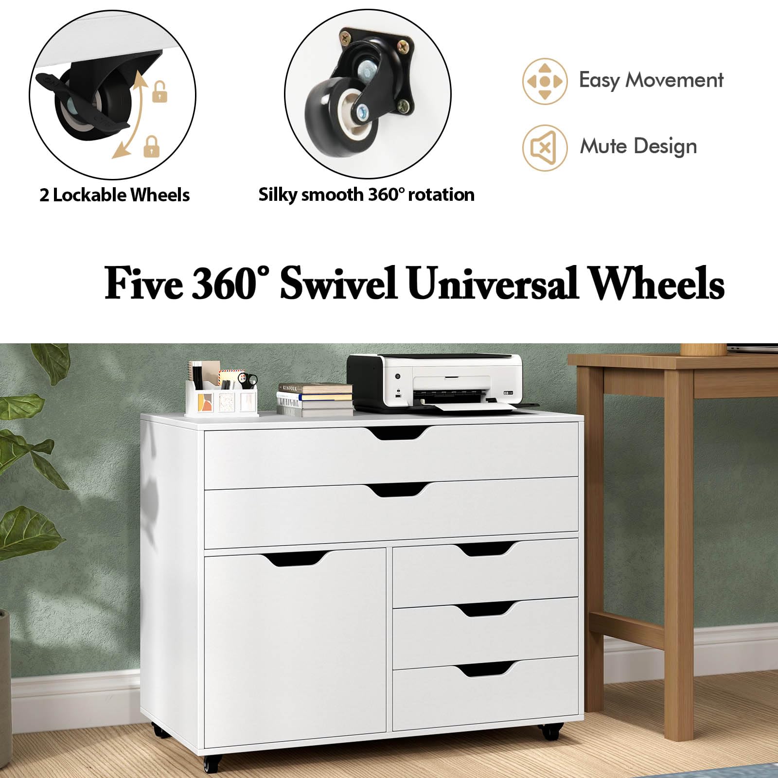 KOMFOTTEU Armadietto portaoggetti, 5 cassetti in 2 dimensioni, scatola portaoggetti mobile con armadio ad ante, mobile da ufficio, 5 ruote universali, 77,5 x 40 x 64 cm, bianco