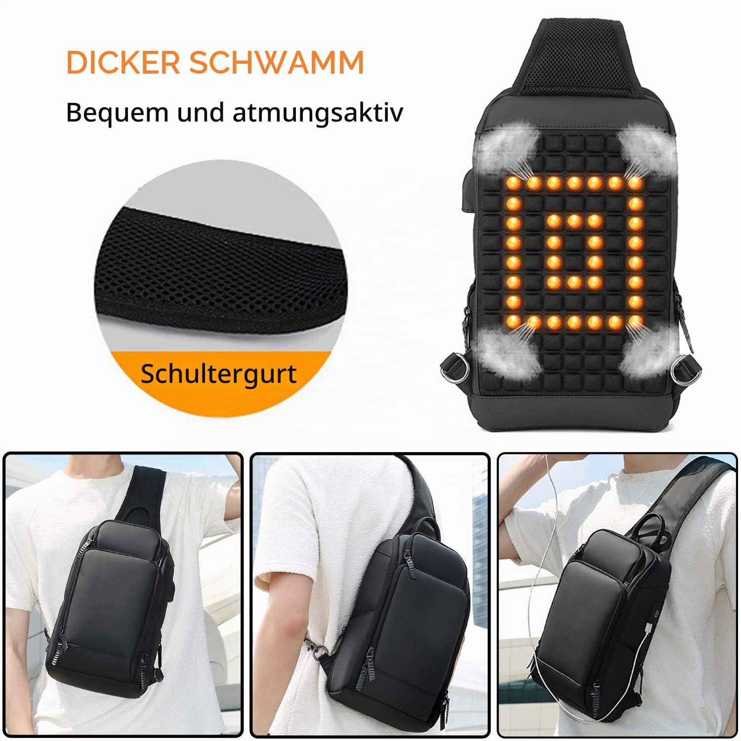 FANDARE Herren Brusttasche Schultertasche Sling Bag Rucksack mit USB Umhängetasche Grosse Kapazität Sporttasche für Wandern,Abenteuer,Sport, Reisen Wasserdicht Polyester