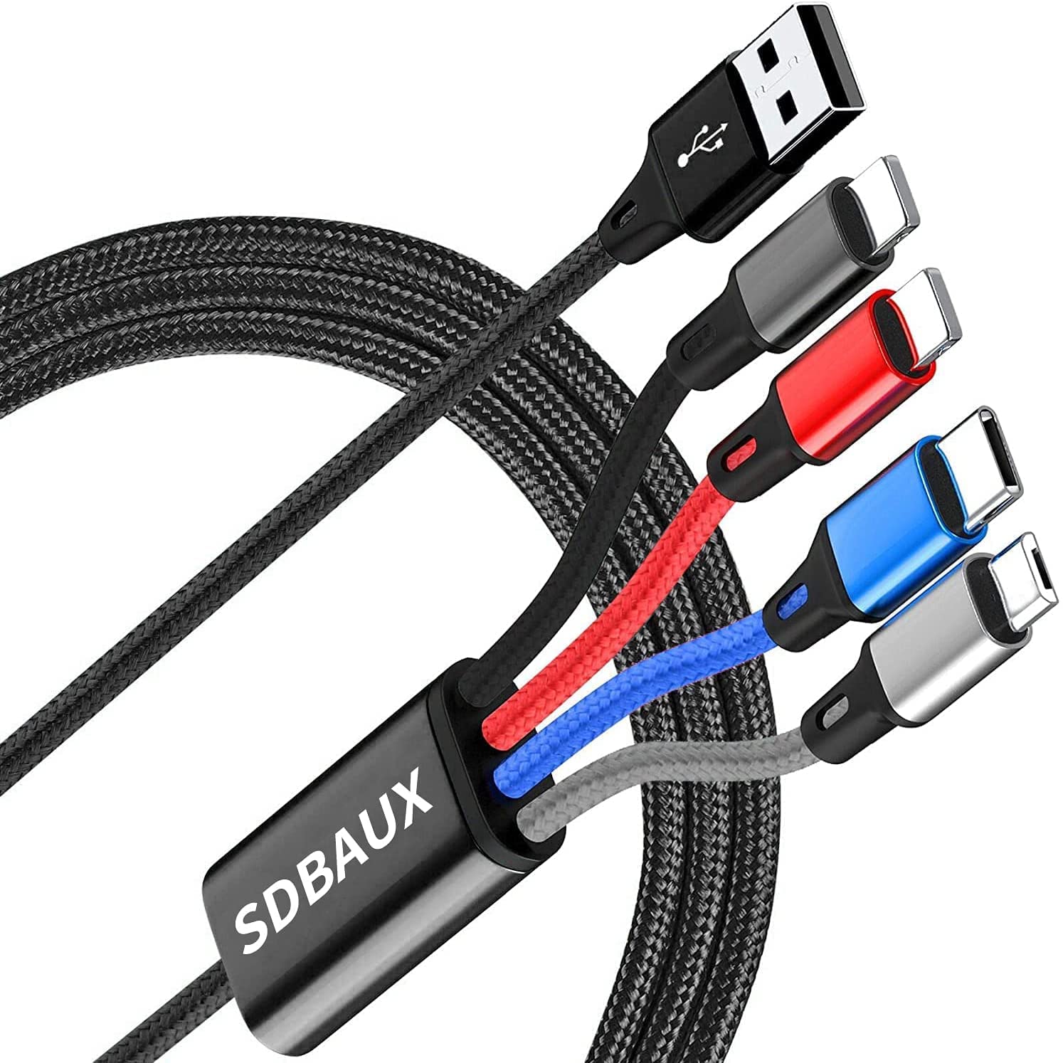 SDBAUX Cavo USB Multiplo 4 In 1 Intrecciato 1.2m – Ricarica Veloce 3A Per IPhone, USB-C, Micro USB