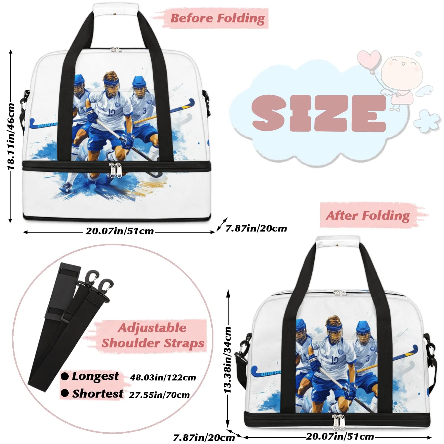 Sac de sport de voyage pour joueur de hockey pour homme et femme, sac de week-end, sac fourre-tout pliable et séparé, 47 l pour sport, gym, yoga, couleur, 47 L, Organiseur de sac