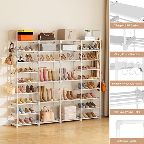 Miniatura 4 de ROJASOP Zapatero grande para armario de entrada, 64 a 68 pares de 9 niveles de alta resistencia, zapatero alto con 18 ganchos laterales extraíbles