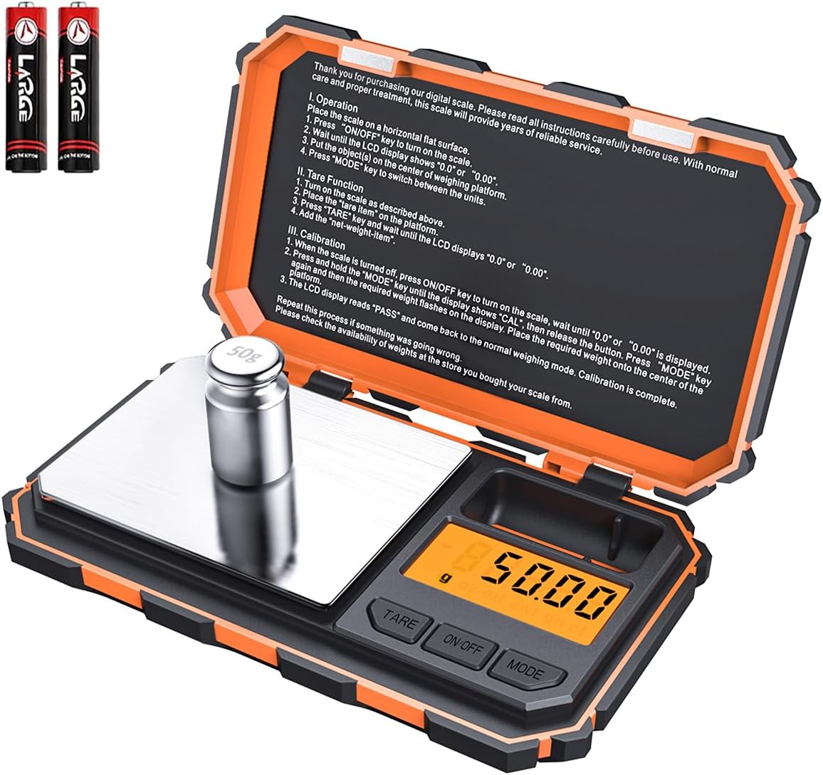 Brifit Precision Scale, 200g/0.1g, 50g Calibration Weight, 0.1g Precision Scales, Pocket Scale with LCD Display, with Tare Function, Stainless Steel (Battery Included)