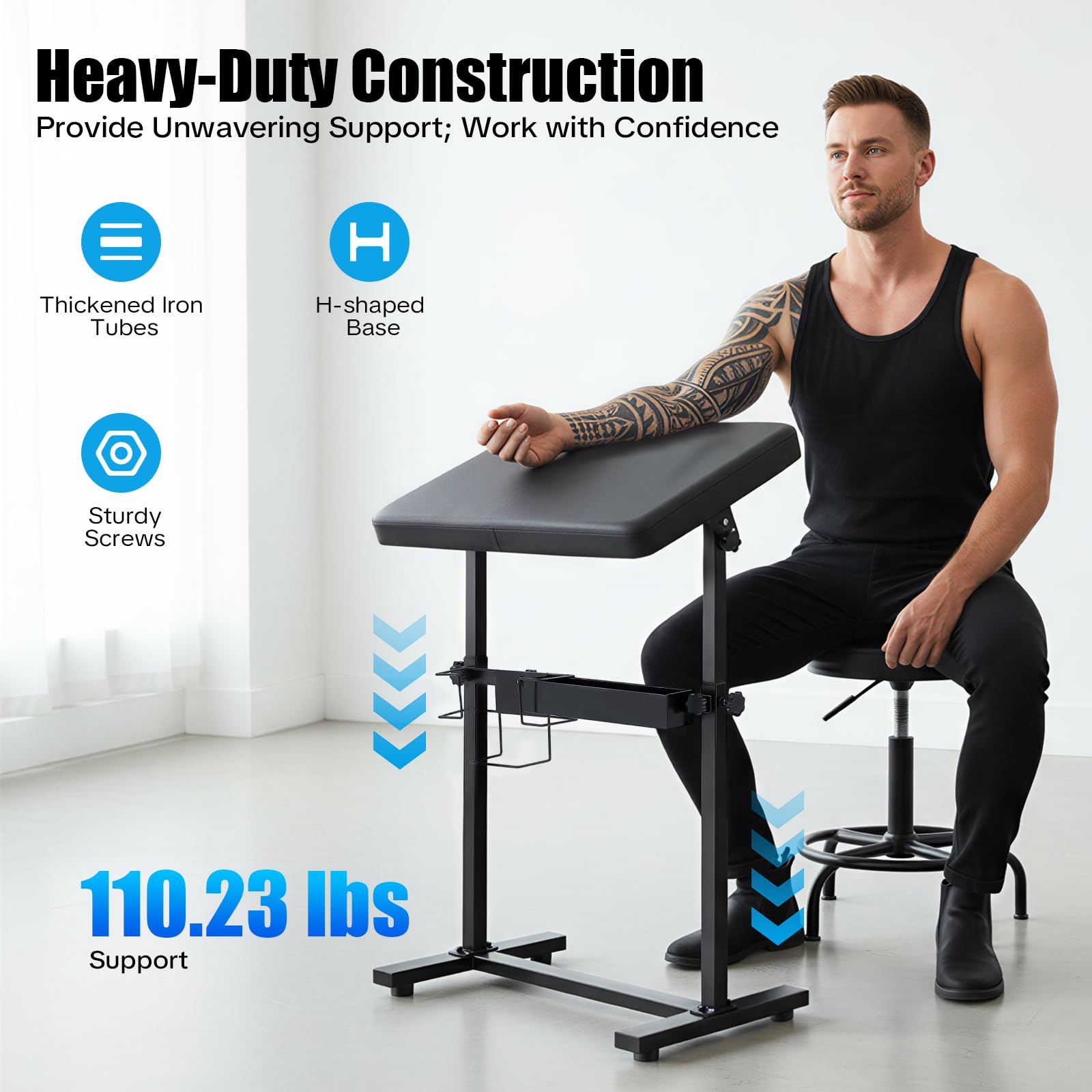 Support Bras Tatouage Réglable, Repose Bra Tattoo Professionnel, Accoudoir Tatouages Table Bras, 50kg Capacité Station Travail Tattoo, Équipement Tatouage Studio, Salon Maison Atelier