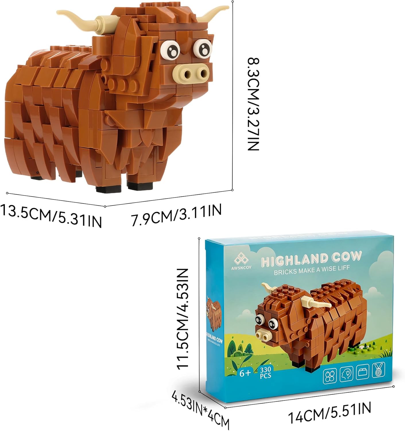 Awsaccy Highland Cow Building Blocks Set, 330 PCS Cute Scottish Cattle Building Toy Bricks Kit Figurine Christmas Birthday Gift for Adults & Kids Boys & Girls (Age 6+), DIY Home Office Decor