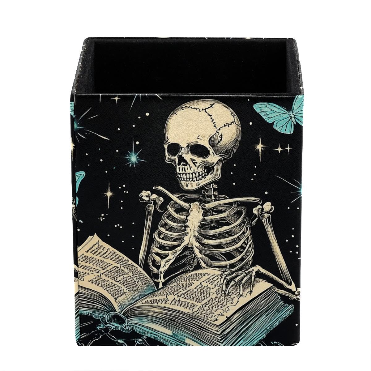 HEOEH Skeleton Reading Book Pen Holder Pen Pot, Square Pencil Cup for Desk