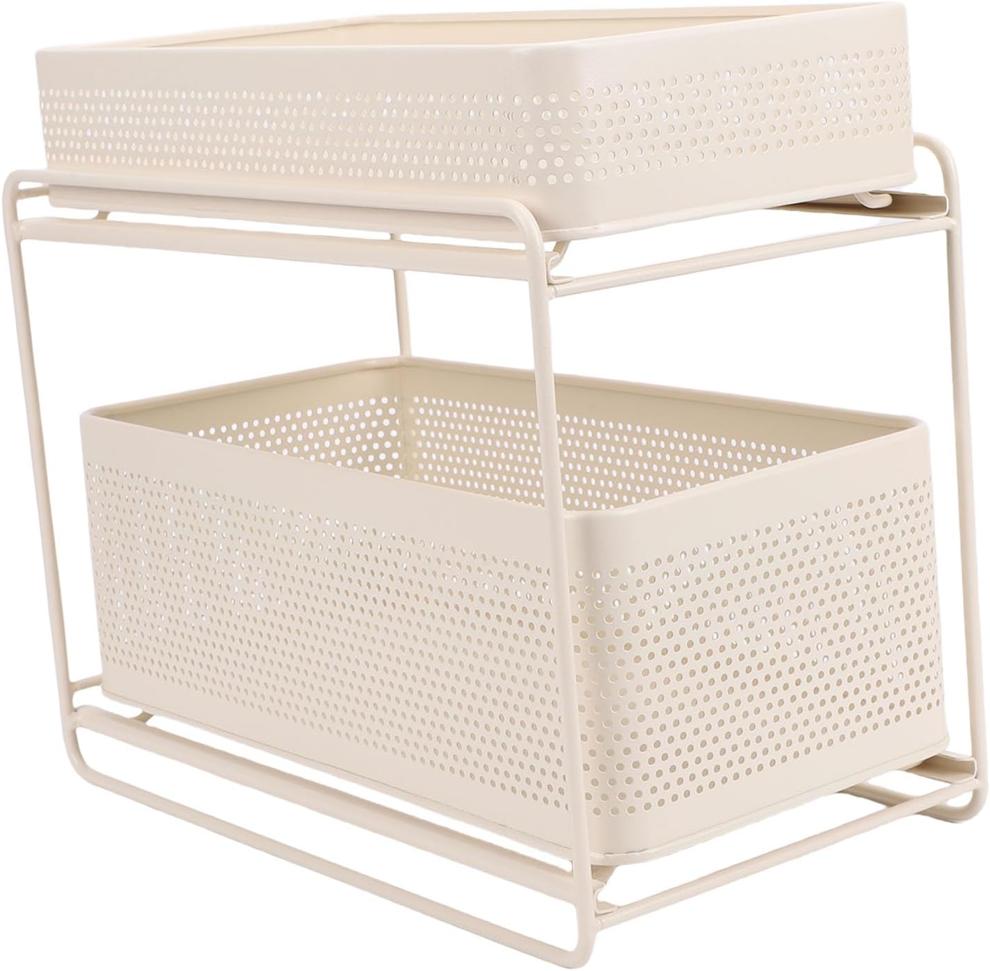 Omabeta Slide Out Under Sink Organizer, 2 Tier Steel Cabinet Storage Rack with Guardrails, for Kitchen Bathroom Toiletries Organization
