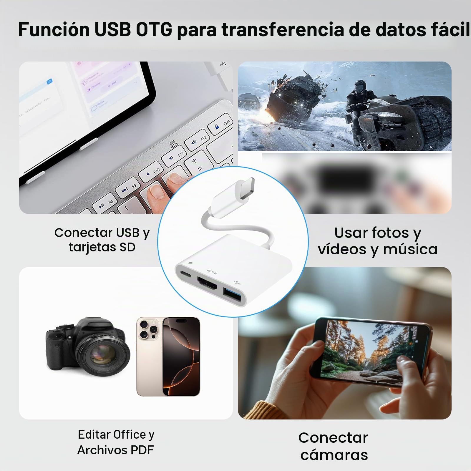 [Certificado Apple MFI] Light-Ning Digital AV Adapter Hub para iPhone iPad, 3 en 1 Light-Ning Hub con Salida HDMI, USB OTG y Puerto de Carga, soporta vídeo, Aplicaciones, Fotos, Juegos, Espejo de