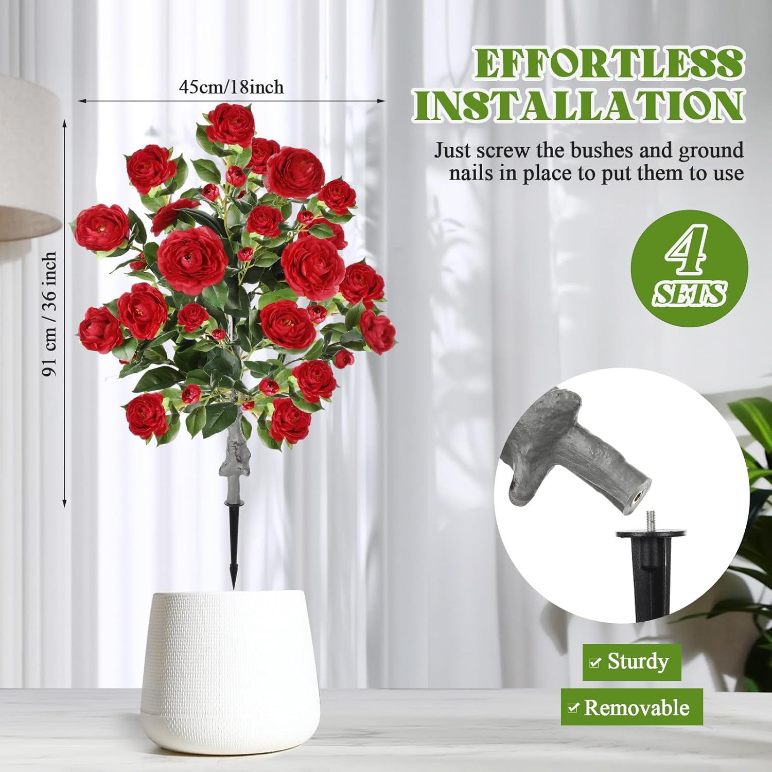 Lunmon 4 Pack 36" Artificial Camellia Flower Tree 3ft Outdoor Fake Flower Plant with Spike UV Resistant Faux Floral Blooming Bush for Front Door Porch Garden Indoor Patio Decor(Red)