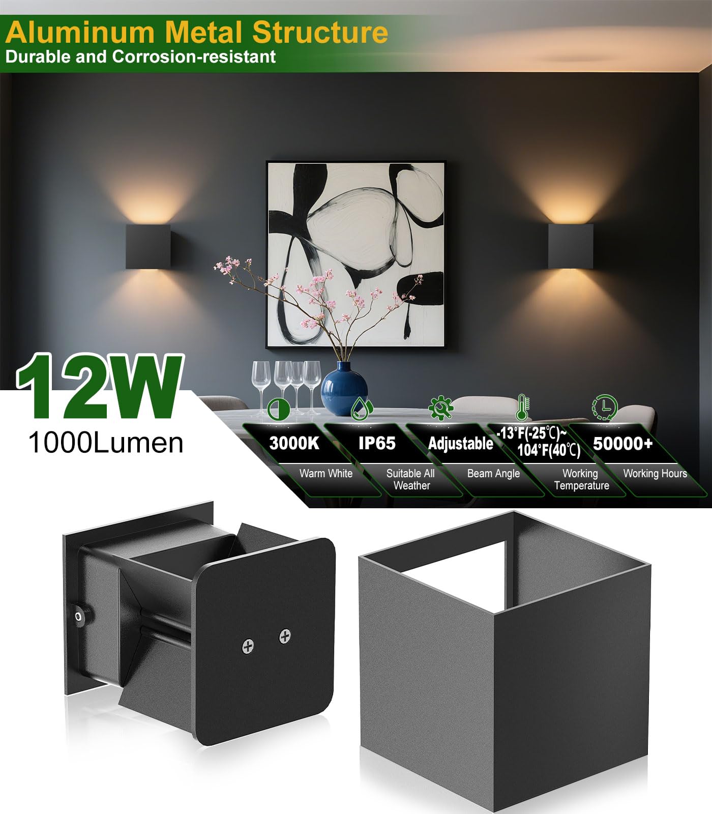 CLV Aplique Pared Exterior/Interior 12W, 1000LM Lamparas de Pared 3000K Blanco Cálido Apliques Led Interior Ángulo de haz Ajustable IP65 Impermeable para Dormitorio Pasillo Patio