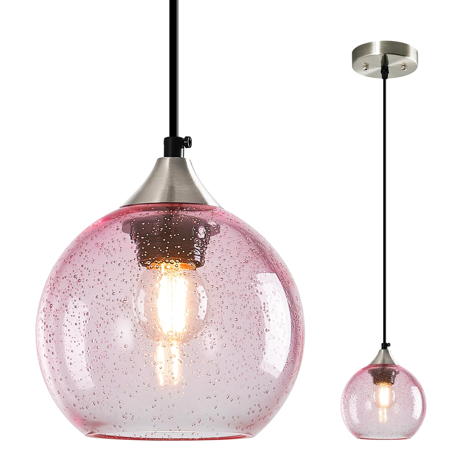 Pink Pendant Lights Kitchen Island 1 Pack, 5.9 in Seeded Glass Globe