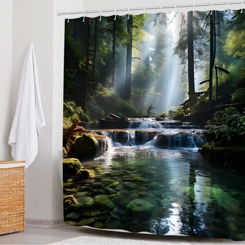 Misty Forest Shower Curtain Waterfall Green Tree Tropical Rainforest Lake Fog Jungle Nature Landscape Spring Summer Theme Polyester Curtains Bathroom Decor with Hooks 84" Wx70 H