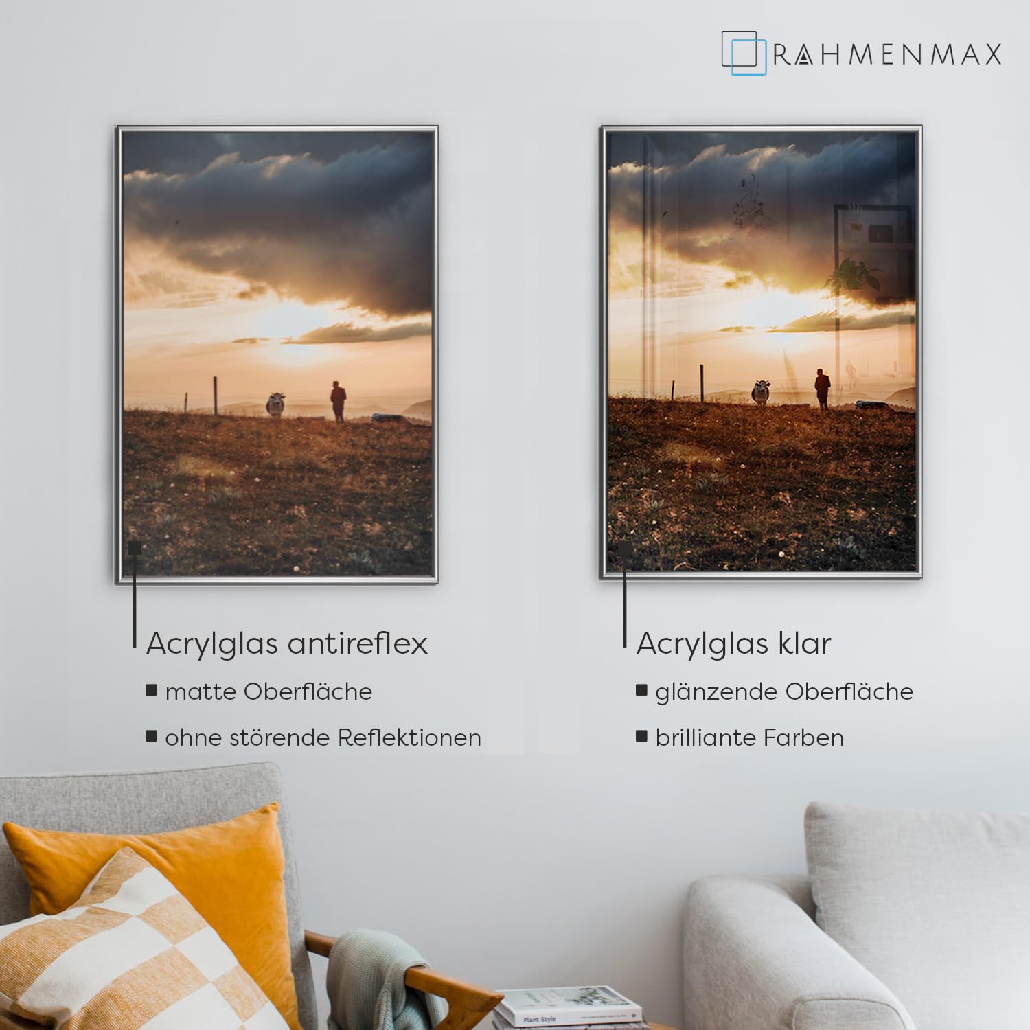 RahmenMax® Ontario Bilderrahmen 69x97 cm zum Aufhängen/Bilderrahmen Maßanfertigung möglich/Posterrahmen aus Aluminium/Bilder Rahmen in Silber Dekor mit Acrylglas/Puzzle Rahmen