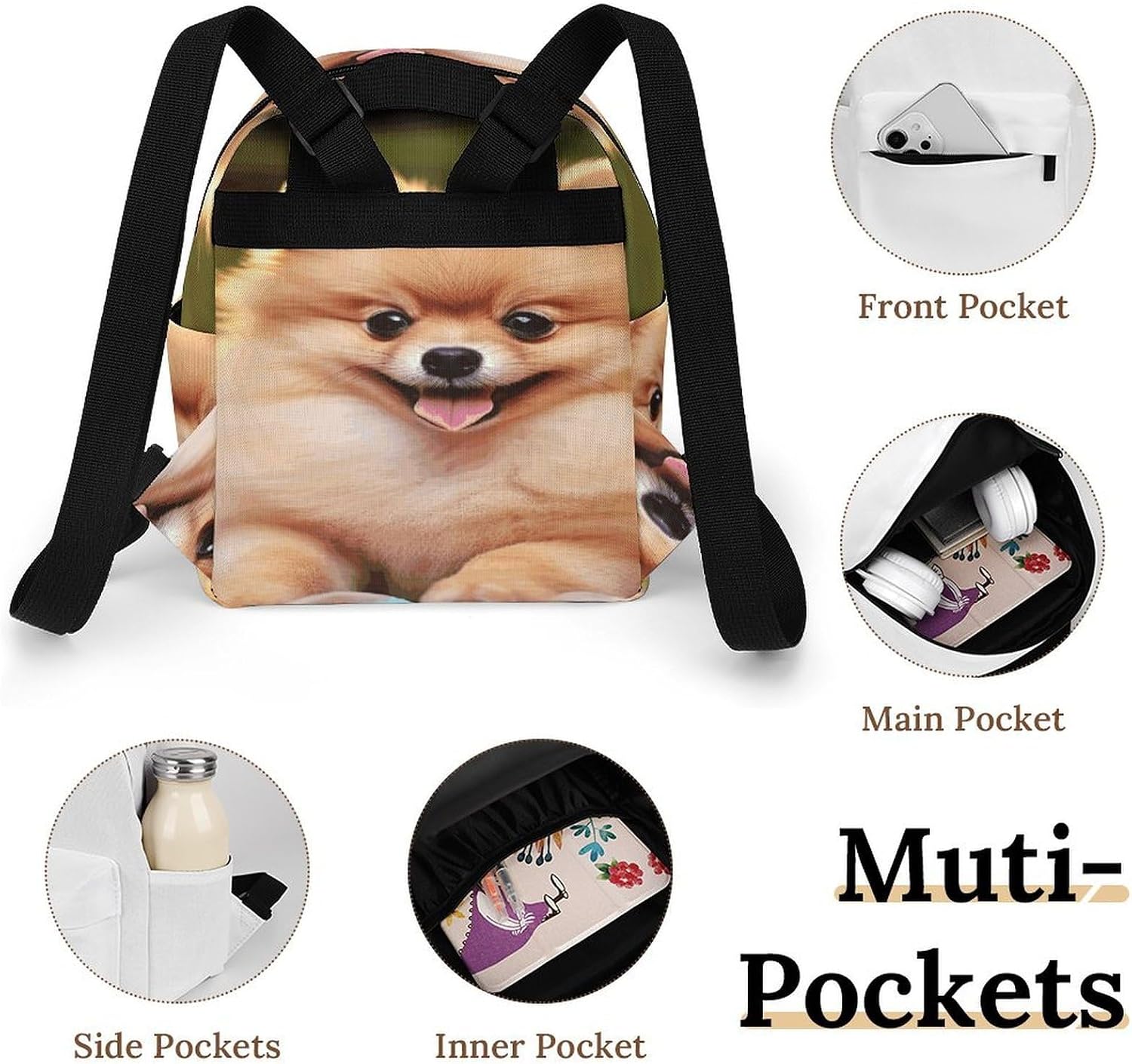 Pomeranian Mini Backpack Purse for Women | Waterproof durable oxford cloth casual daypack, lightweight small rucksack for work travel outdoor camping daily use & gift