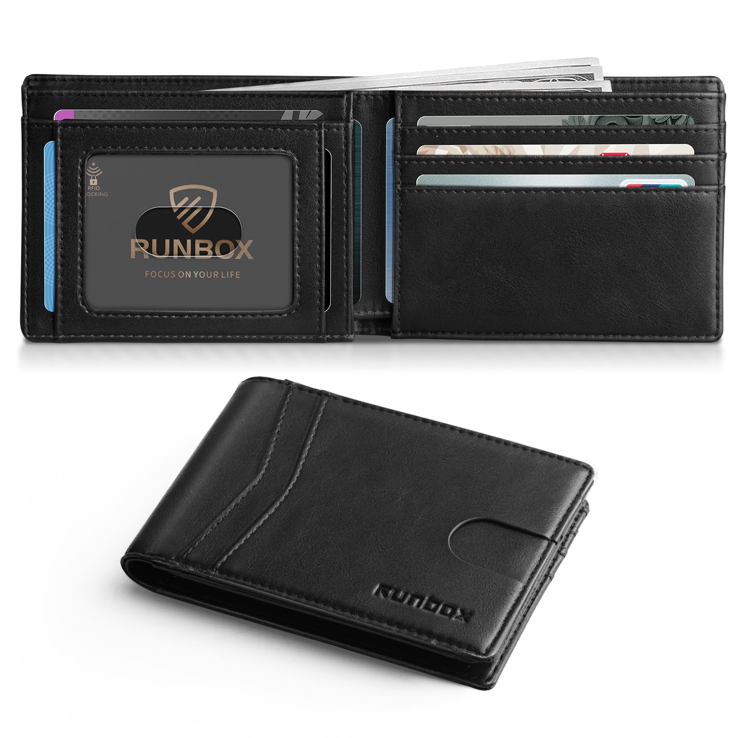 RUNBOX Wallet for Men Slim Leather Bifold RFID Blocking Minimalist Front Pocket Design with Gift Box