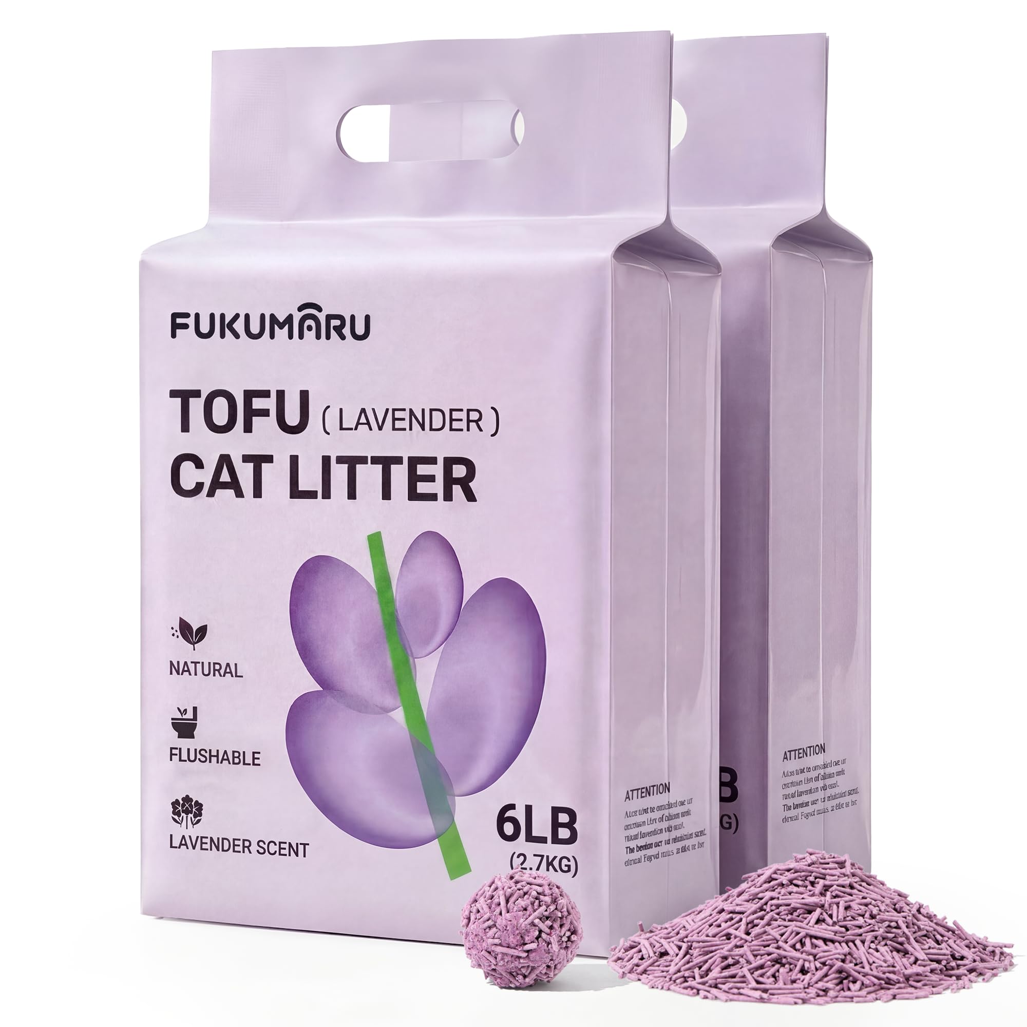 FUKUMARU Tofu Cat Litter for Cats, 12lb - Lavender Scent, Firm Clumping, Natural Odor Control, Low Dust, Flushable Plant-Based Pellets, 2.7Kg x 2 Bags