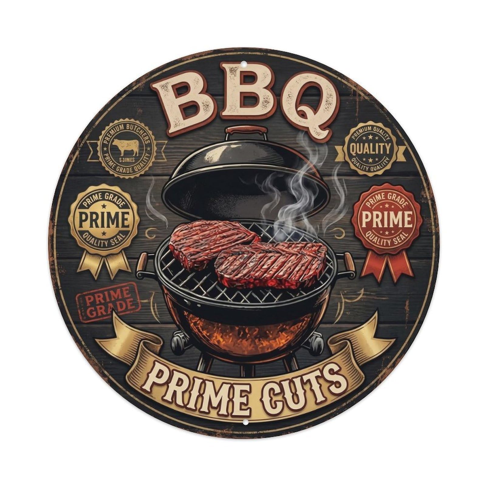 BBQ Barbecue Prime Cuts Vintage Metal Tin Sign Plaque Wall Decor for Cafe, Club, Garden Round Metal Poster 8x8Inch