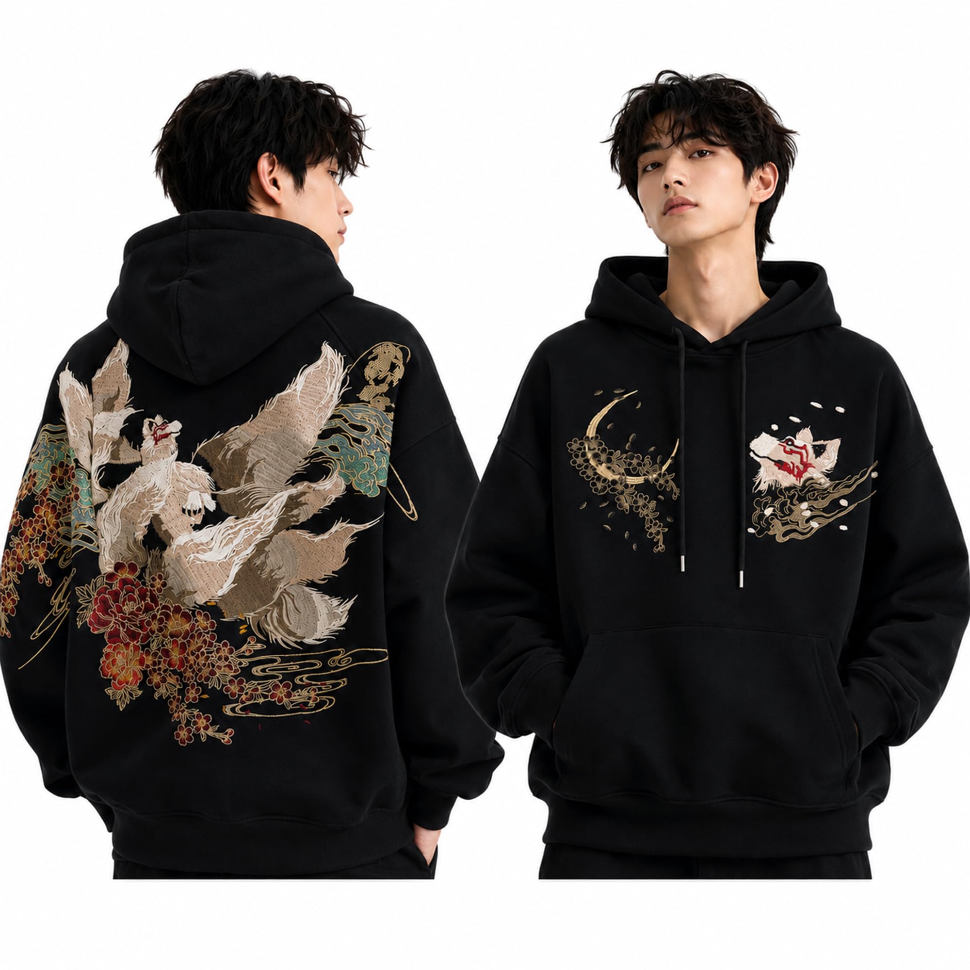 Herren-Kapuzenpullover mit neun Schwanz-Fuchsen, bestickt, japanischer Anime-Hoodie, Streetwear, schwarzer Kapuzenpullover, Herrenmode, lässiger Kapuzenpullover