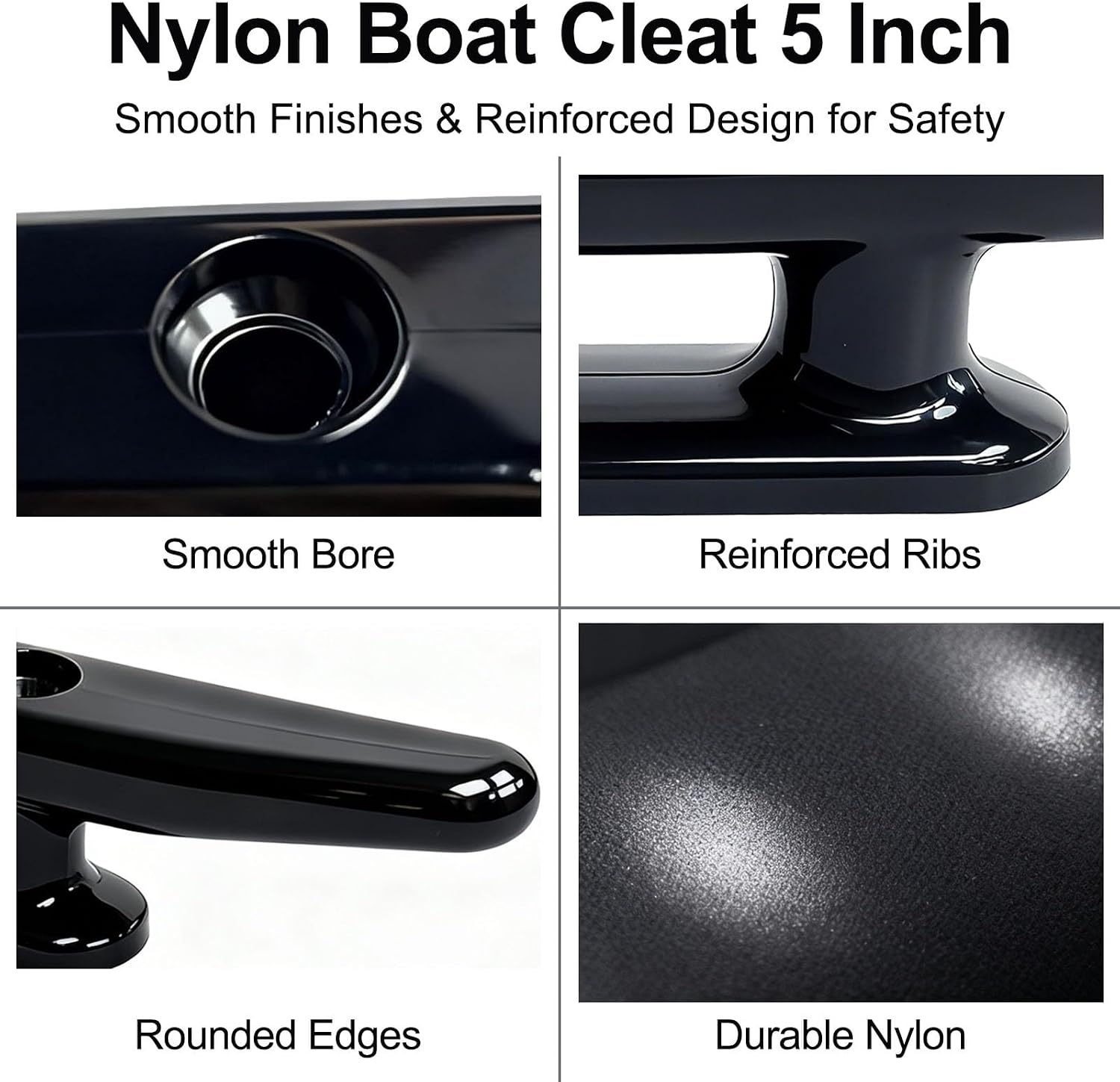 Black Boat Cleats 5'' 6'' Nylon Cleats Dock Ties, Small Marine Cleats Kayak Rope Tie Cleat Tying Up for Boats 16-24 Feet Fishing Boat, Maritime Decor - 4 Pack (304 SS Screw Included)