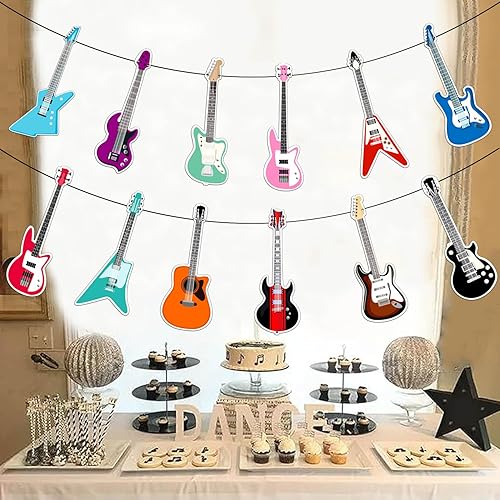 Miniatura 3 de Cartel de feliz cumpleaños de guitarra, decoración geométrica multicolor para fiestas temáticas de música para niños y niñas, 5 x 78 pulgadas