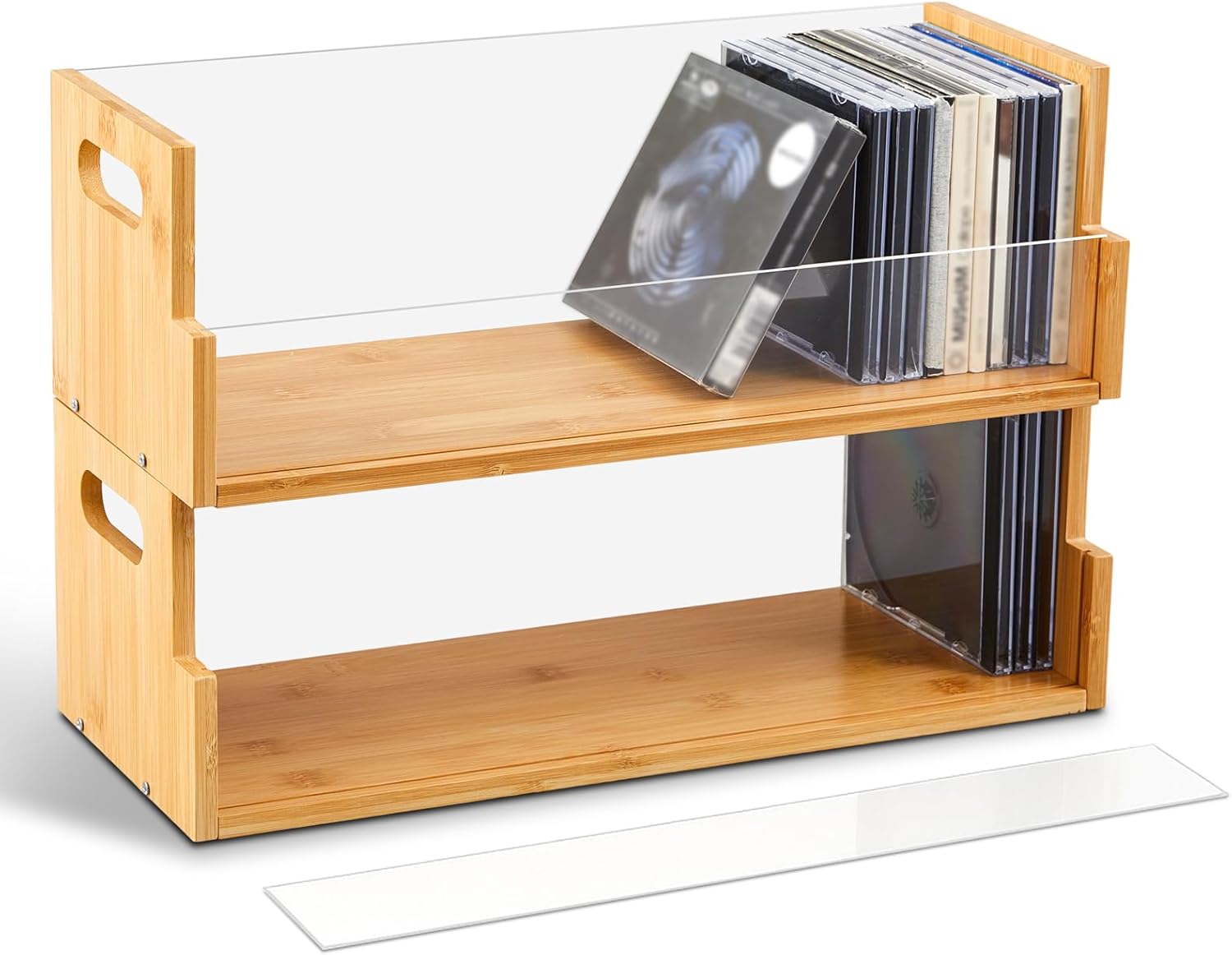 2 Set Wooden Cd Storage Box Display Holder Shelf Bamboo&acrylic Visible Racks with Carrying Handles, Cassette Tape Organizer Shelf for Movie Case, Store up to 60 Pcs Cds